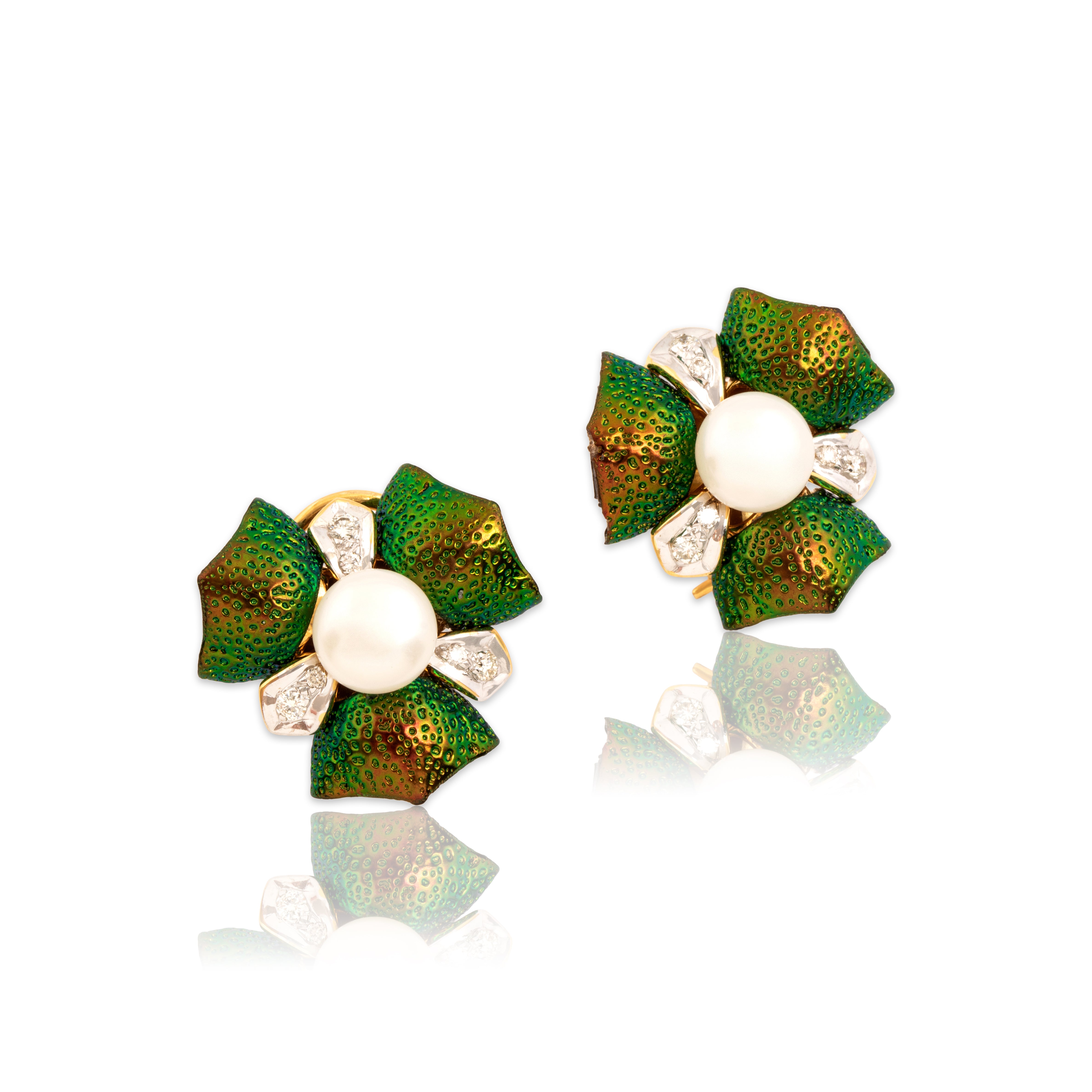Estate Lotus Arts De Vivre Large 18k Yellow & White Gold Pearl Diamond Unique Iridescent Beetle Wing Convertible Omega-Back Earrings - Close-up view