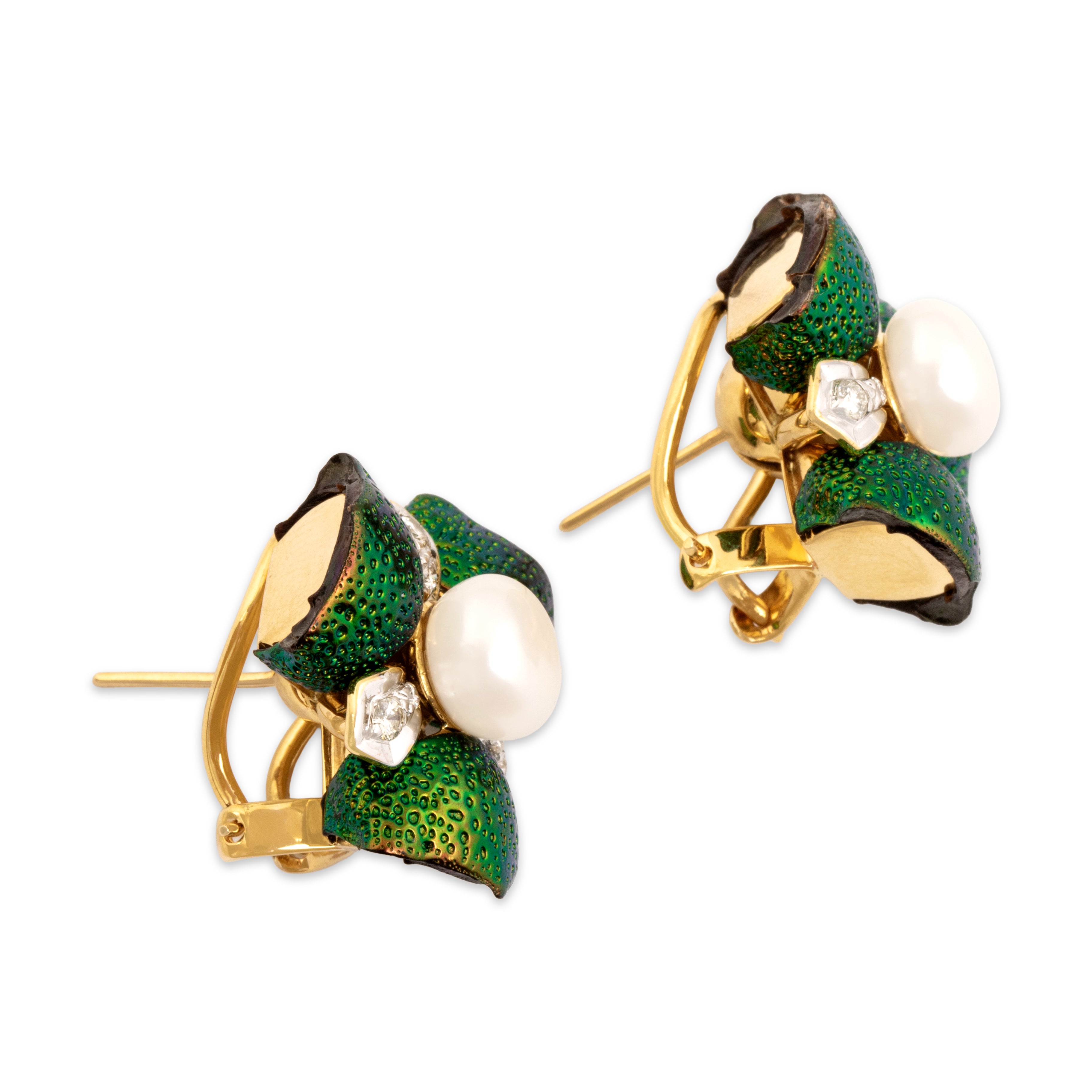 Estate Lotus Arts De Vivre Large 18k Yellow & White Gold Pearl Diamond Unique Iridescent Beetle Wing Convertible Omega-Back Earrings - Side view