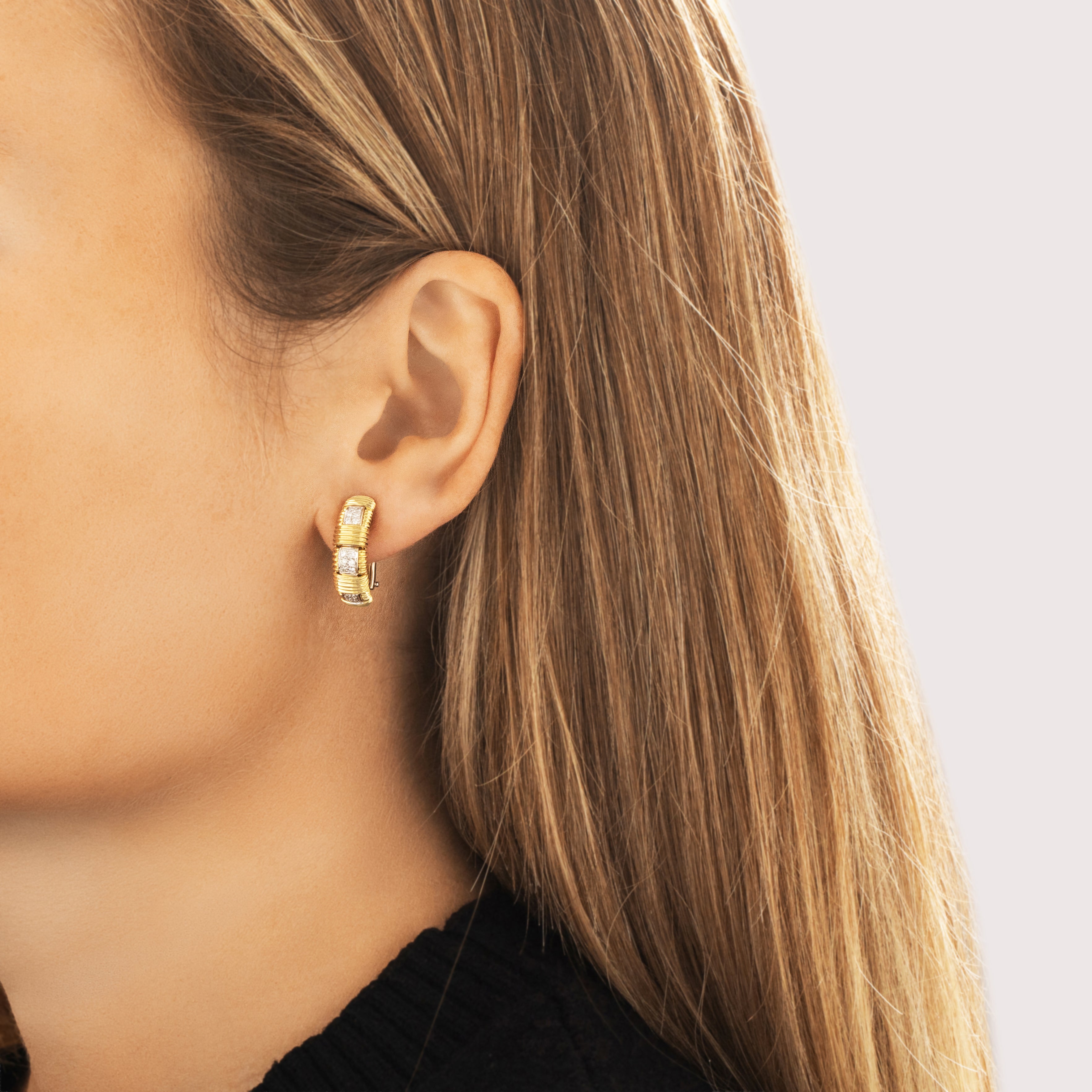 Estate Roberto Coin Italian Heavy 18k Yellow & White Gold Diamond Sparkling Ribbed Convertible Omega-Back Earrings - On model view
