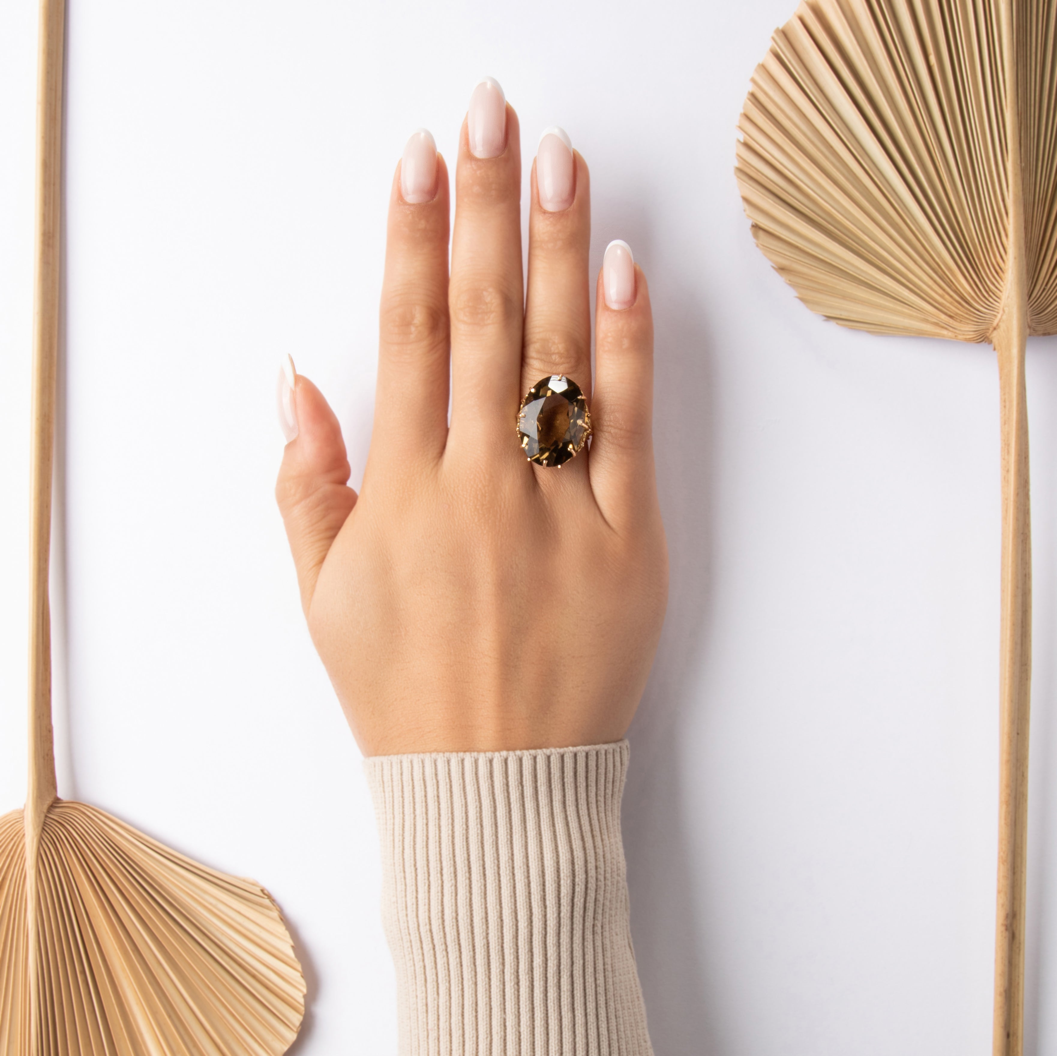 Vintage 18k Rose & Yellow Gold 21.62ct Smoky Quartz Bold Textured-Setting Oval Cocktail Ring - On model view
