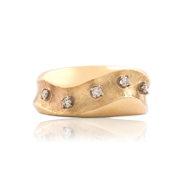 Vintage 14k Yellow Gold Diamond Sleek Textured Wave Band Ring 7.00