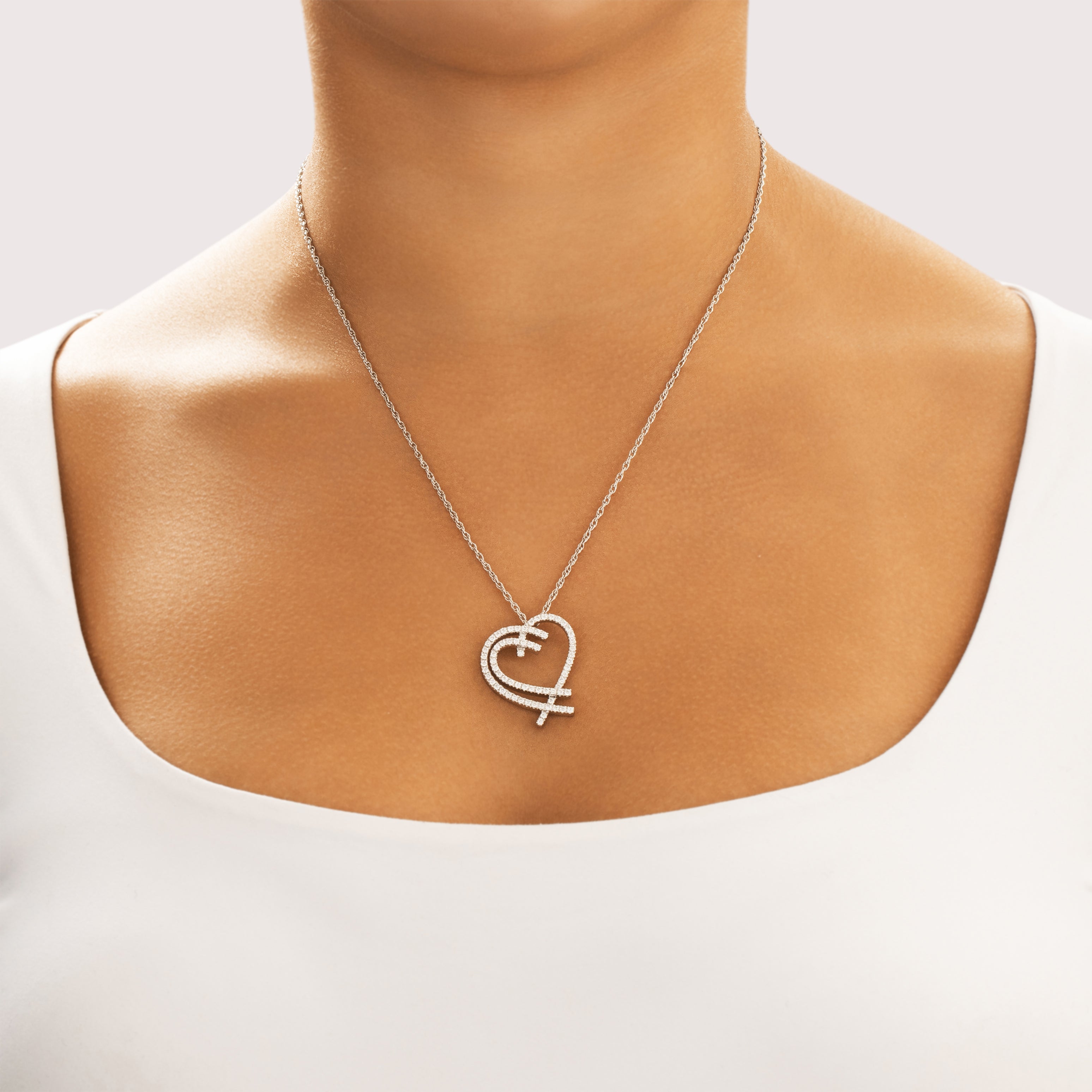 Vintage 14k White Gold .74cttw Diamond Glittering Double Open Heart Slide Pendant - On model view