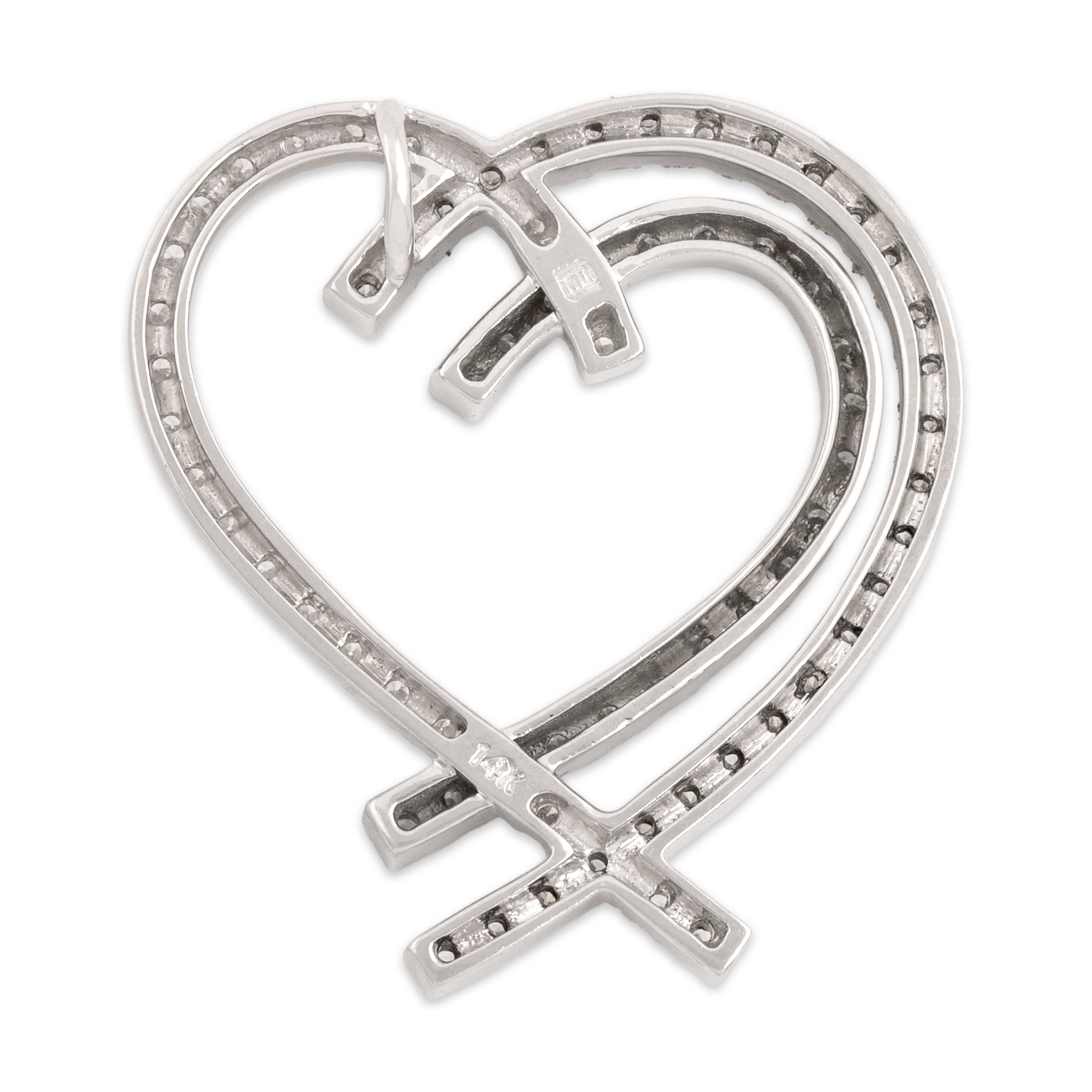 Vintage 14k White Gold .74cttw Diamond Glittering Double Open Heart Slide Pendant - Back view