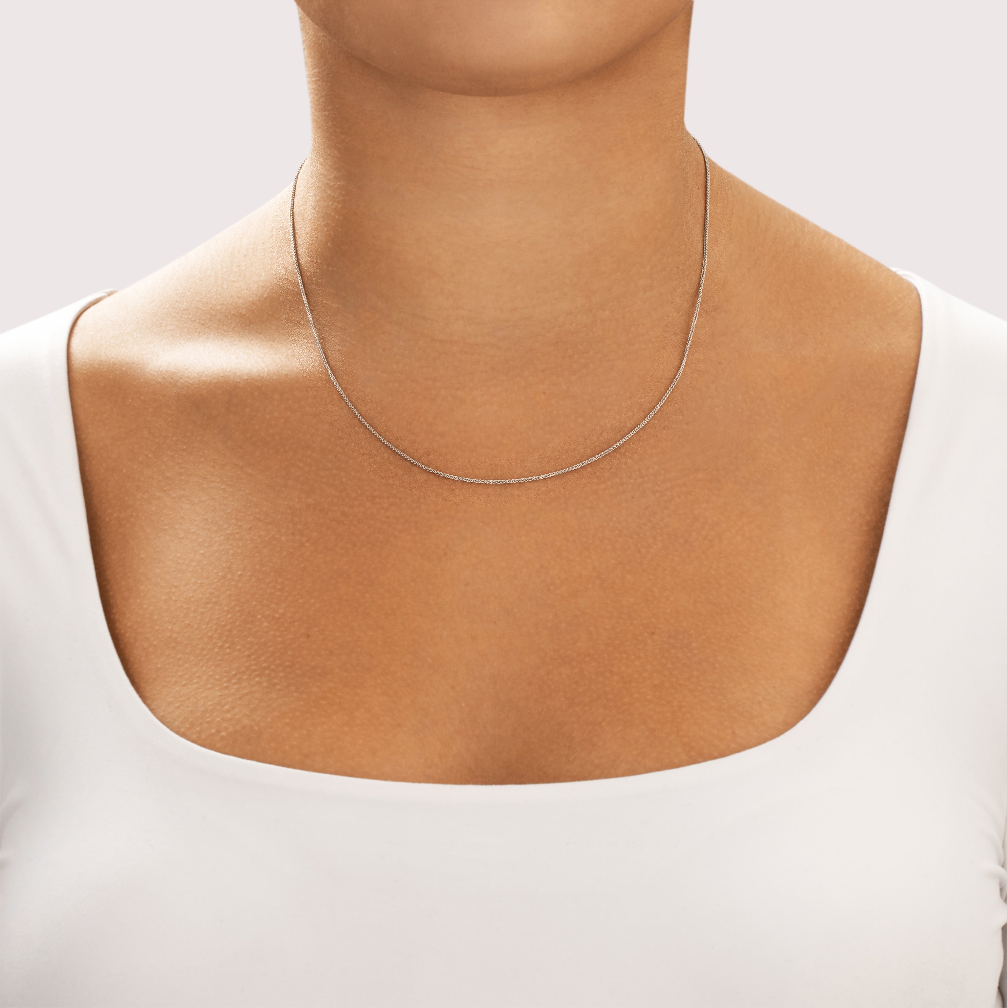 Vintage 14k White Gold 1.1mm Simple Wheat Chain - On model view