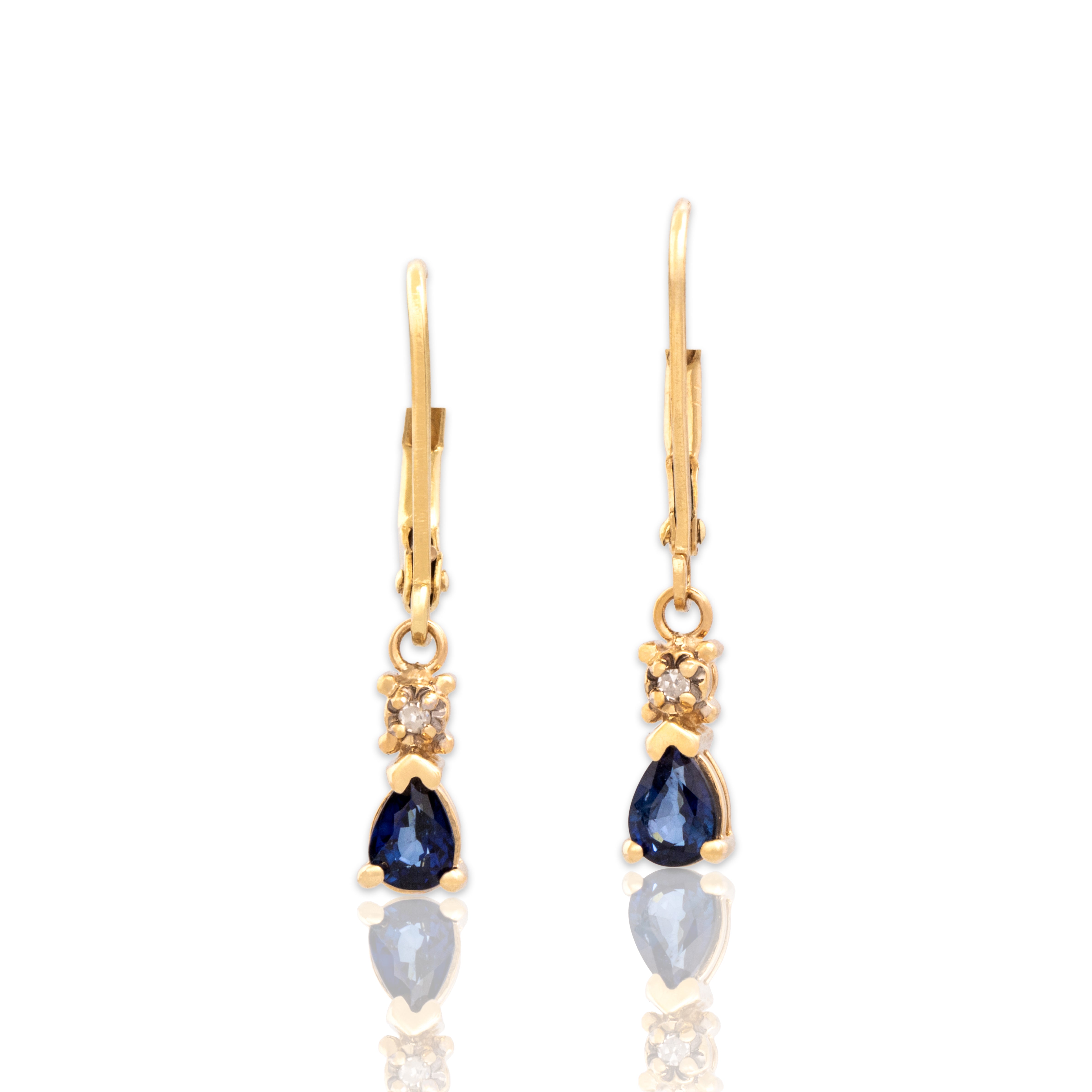 Vintage 14k Yellow Gold .51cttw Blue Sapphire Diamond Cobalt Pear Lever Back Dangle Earrings - Close-up view