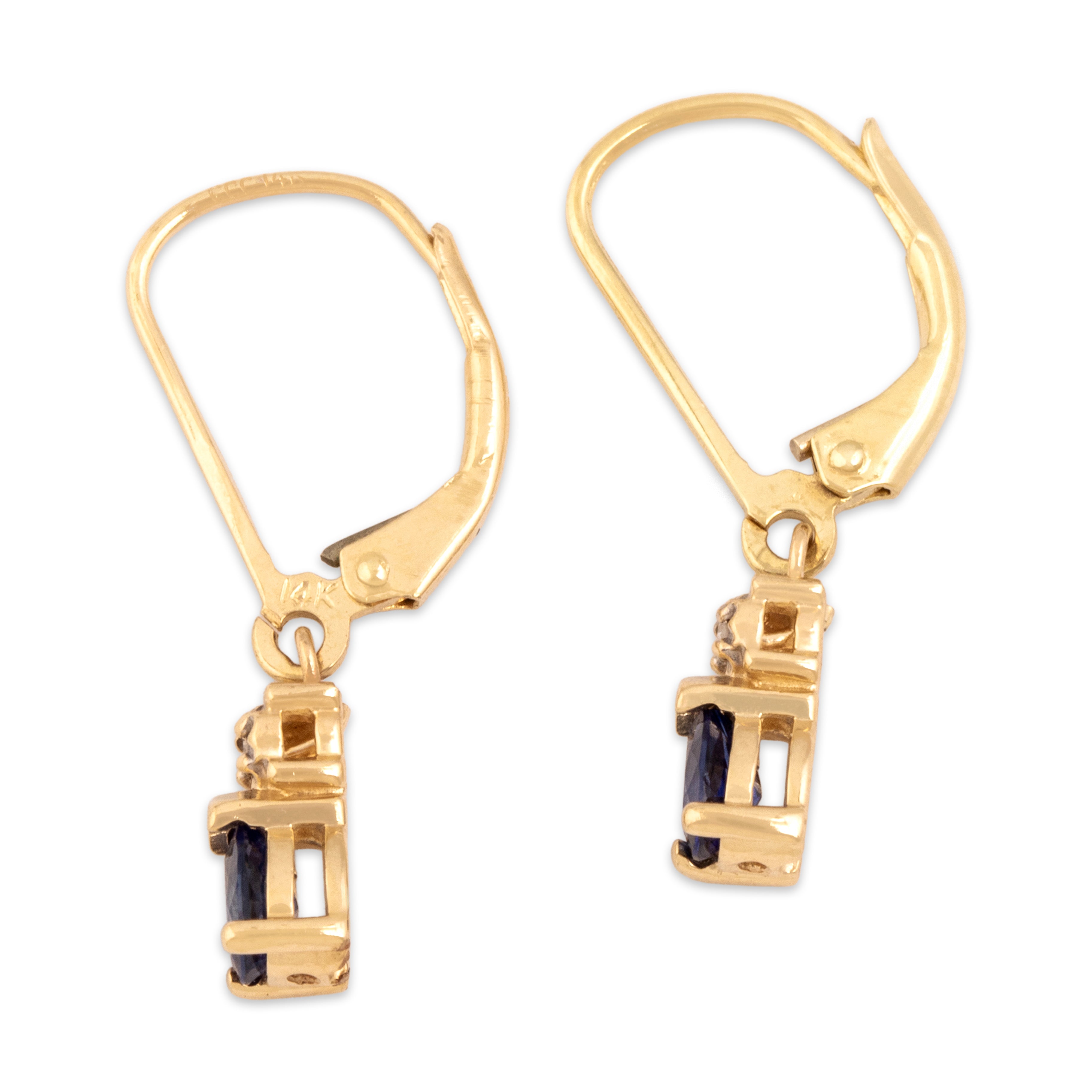 Vintage 14k Yellow Gold .51cttw Blue Sapphire Diamond Cobalt Pear Lever Back Dangle Earrings - Side view