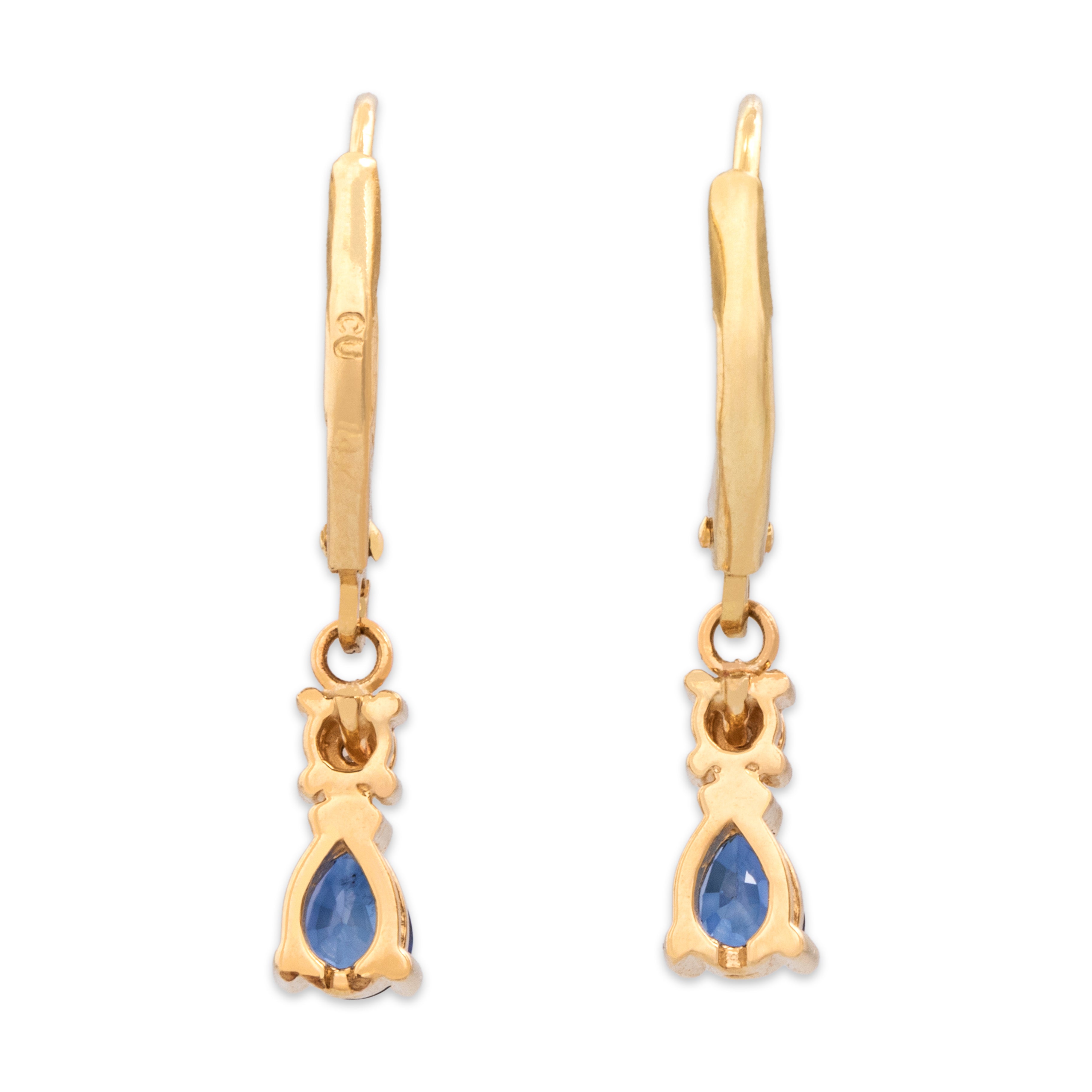 Vintage 14k Yellow Gold .51cttw Blue Sapphire Diamond Cobalt Pear Lever Back Dangle Earrings - Back view