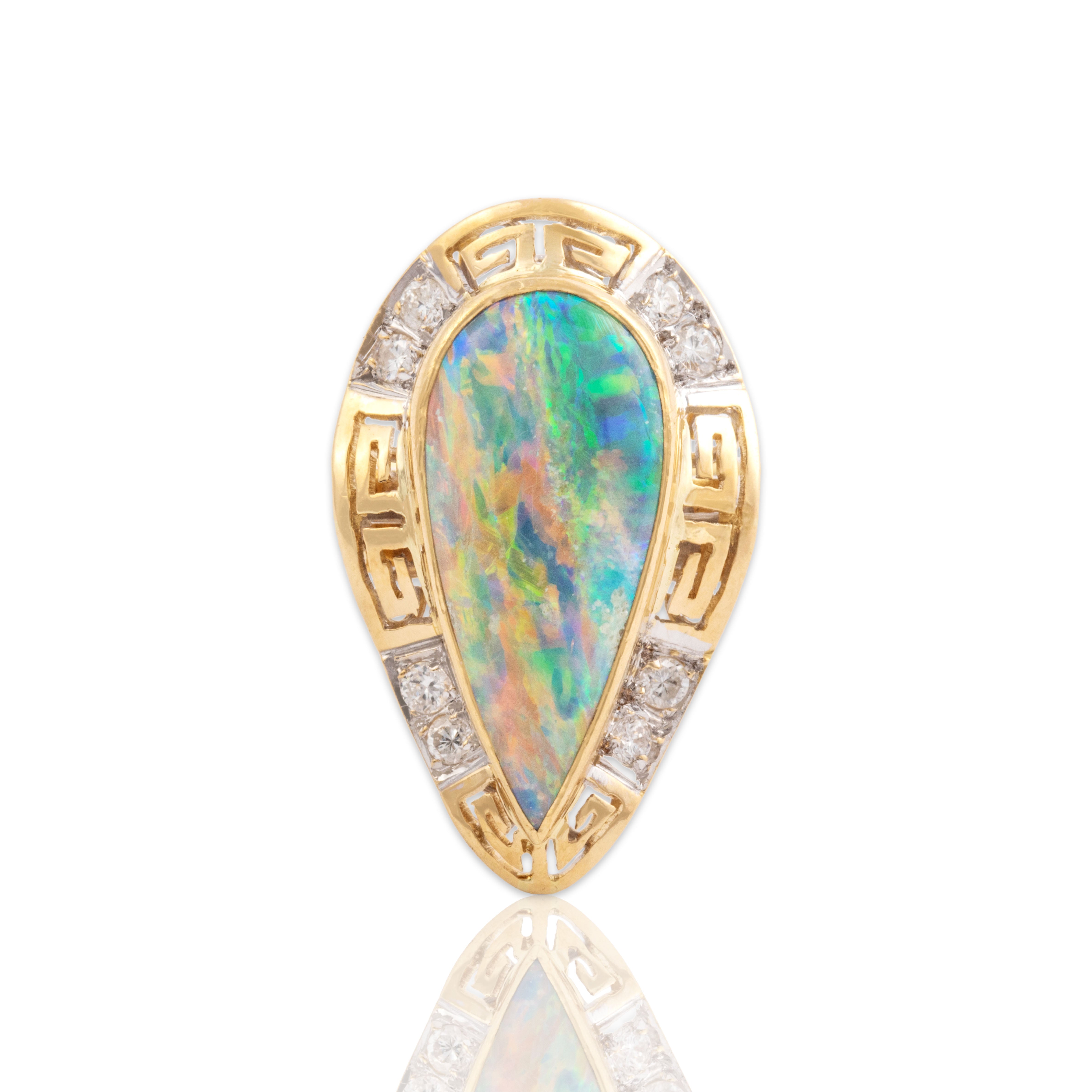 Vintage 18k Yellow & White Gold Diamond Opal Striking Haloed Teardrop Ring 7.00