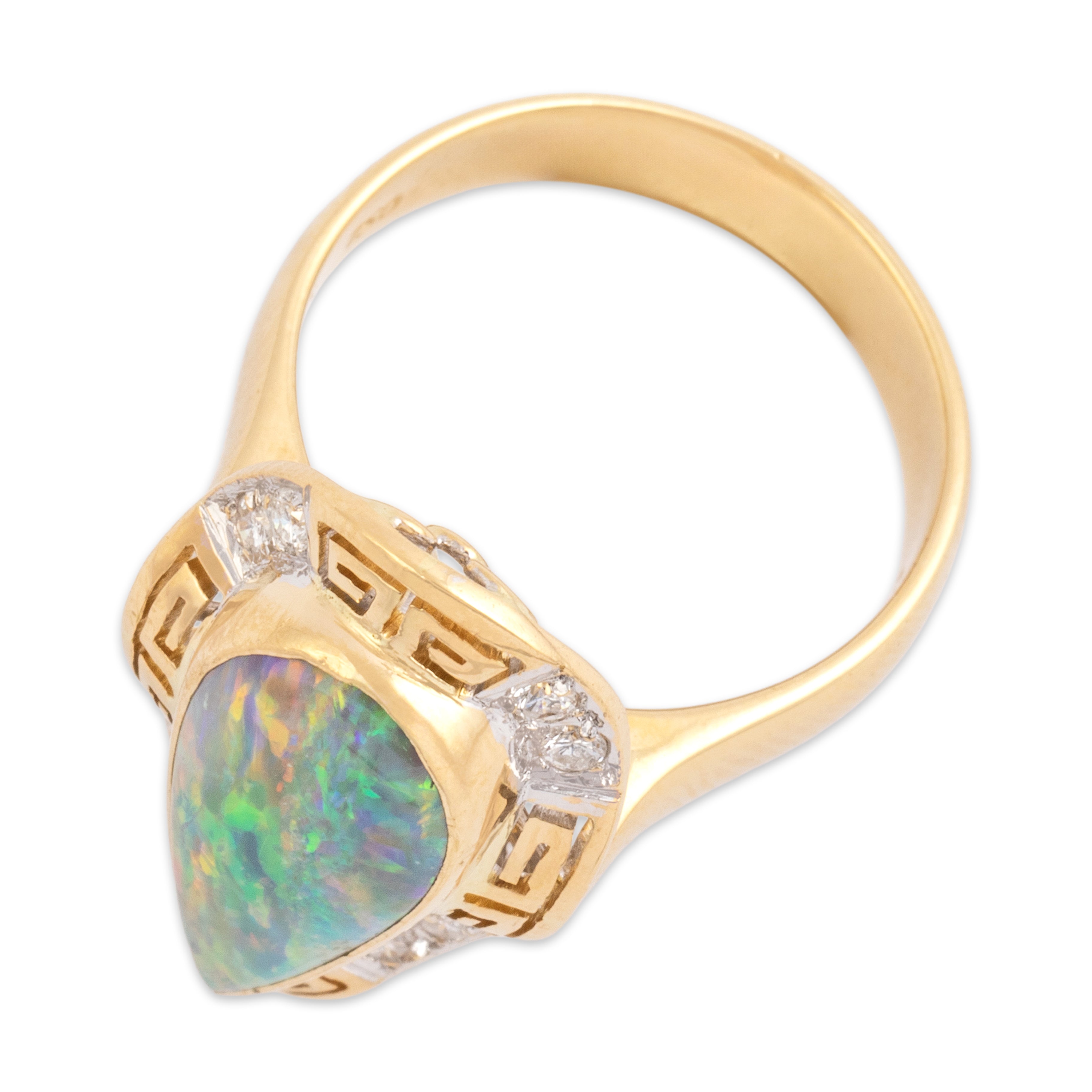 Vintage 18k Yellow & White Gold Diamond Opal Striking Meander Haloed Teardrop Ring - Overall view