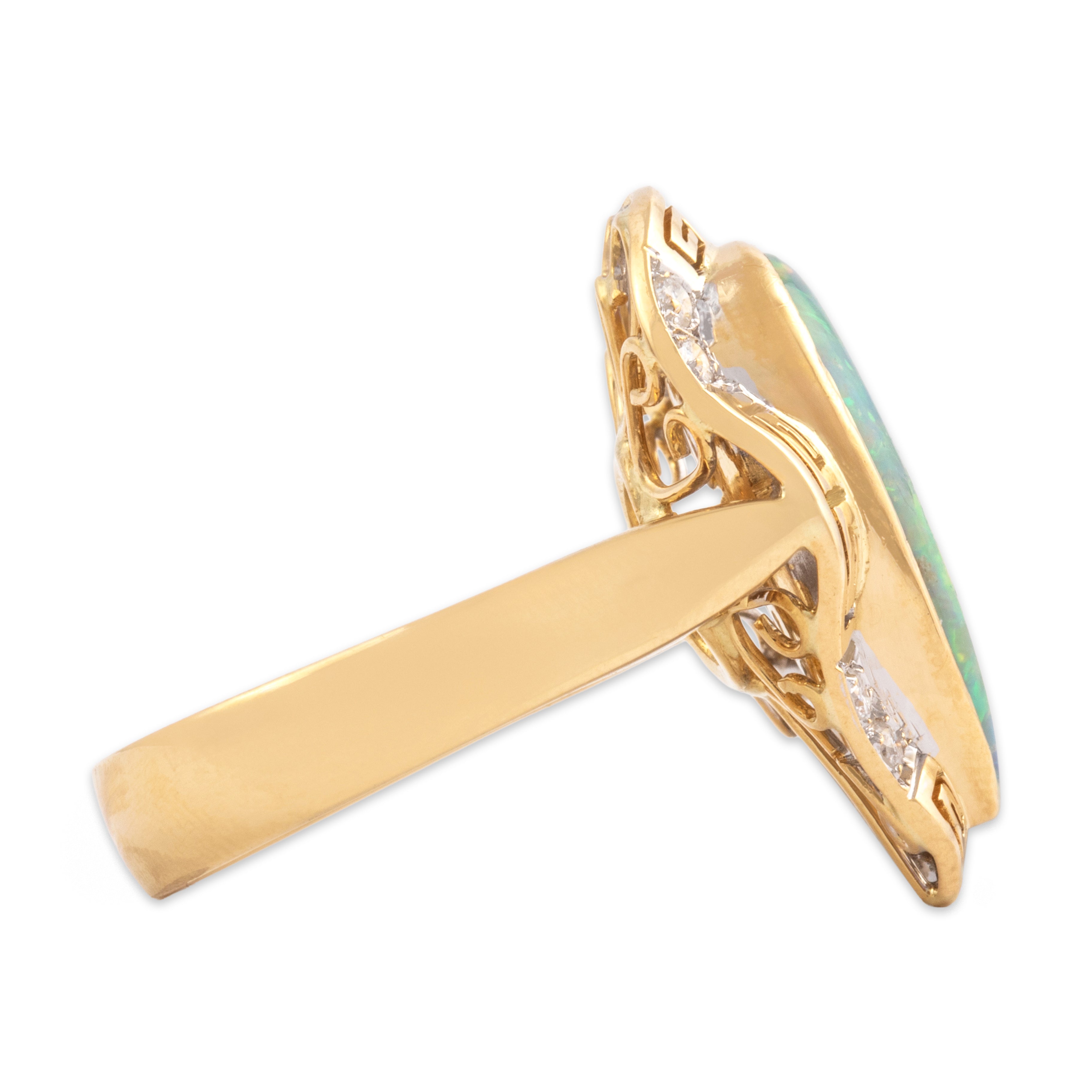 Vintage 18k Yellow & White Gold Diamond Opal Striking Meander Haloed Teardrop Ring - Side view