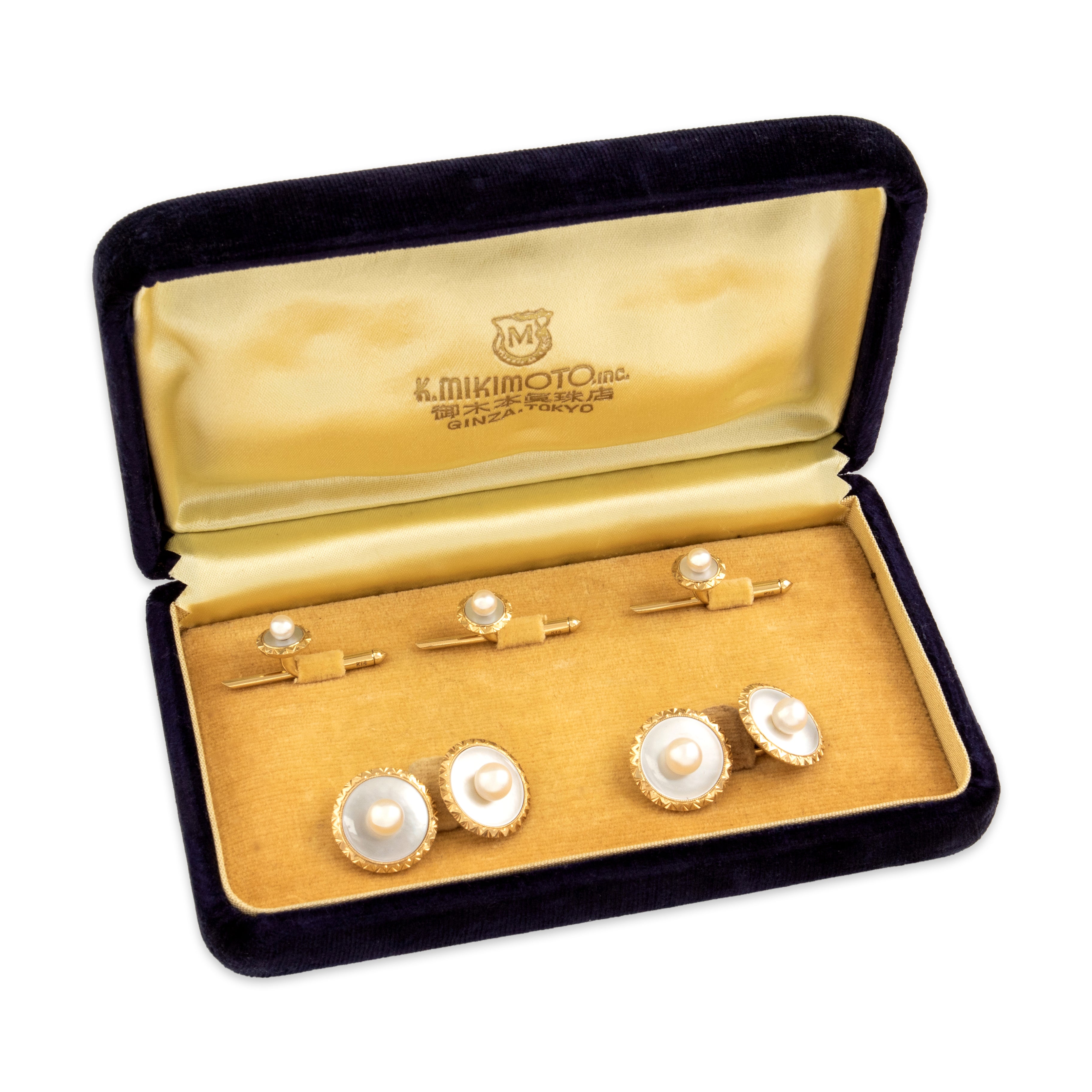 Vintage Mikimoto 14k Yellow Gold Pearl Mother Of Pearl Luminous Geometric Framed Tuxedo Set Cufflinks - detail view #3