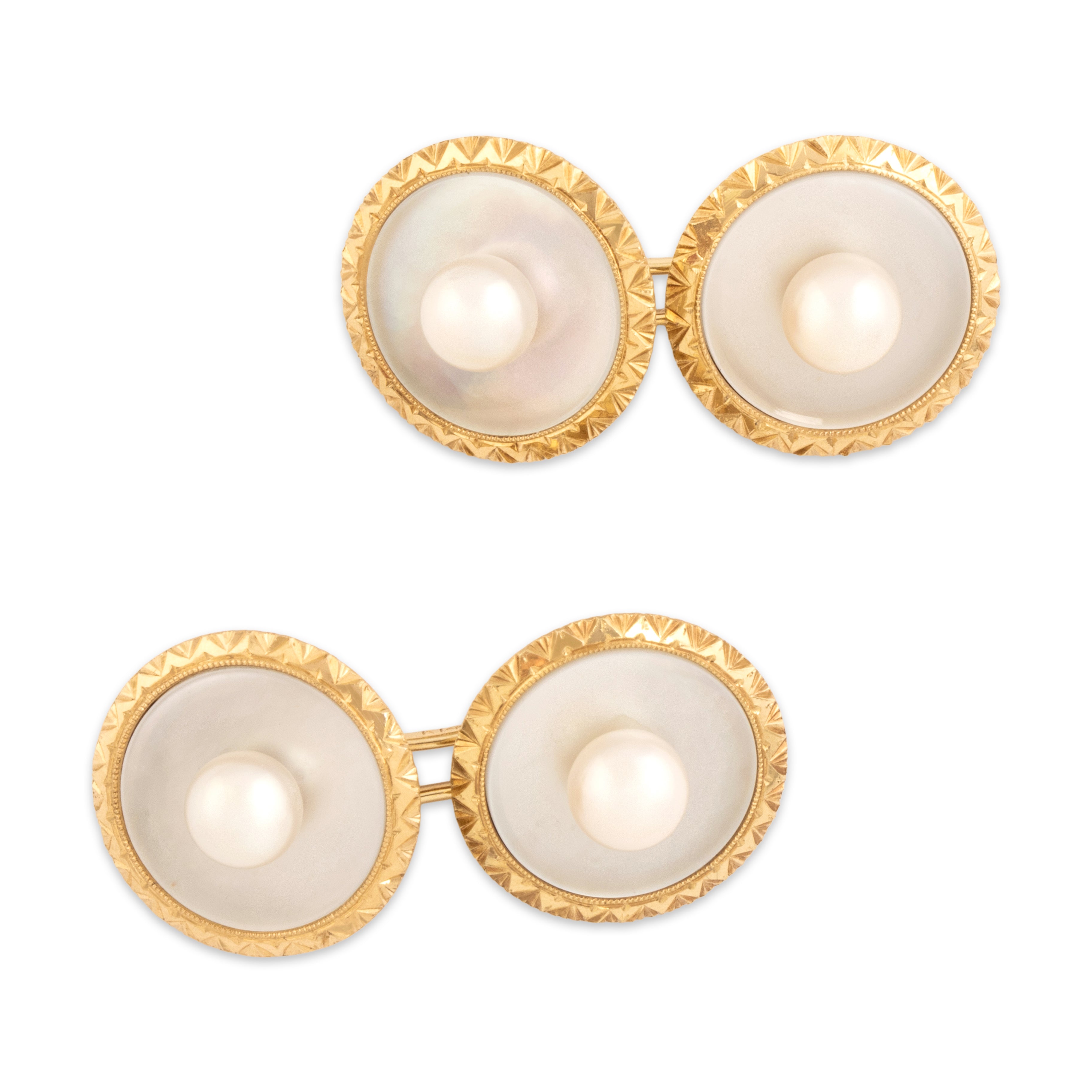 Vintage Mikimoto 14k Yellow Gold Pearl Mother Of Pearl Luminous Geometric Framed Tuxedo Set Cufflinks - Close-up view