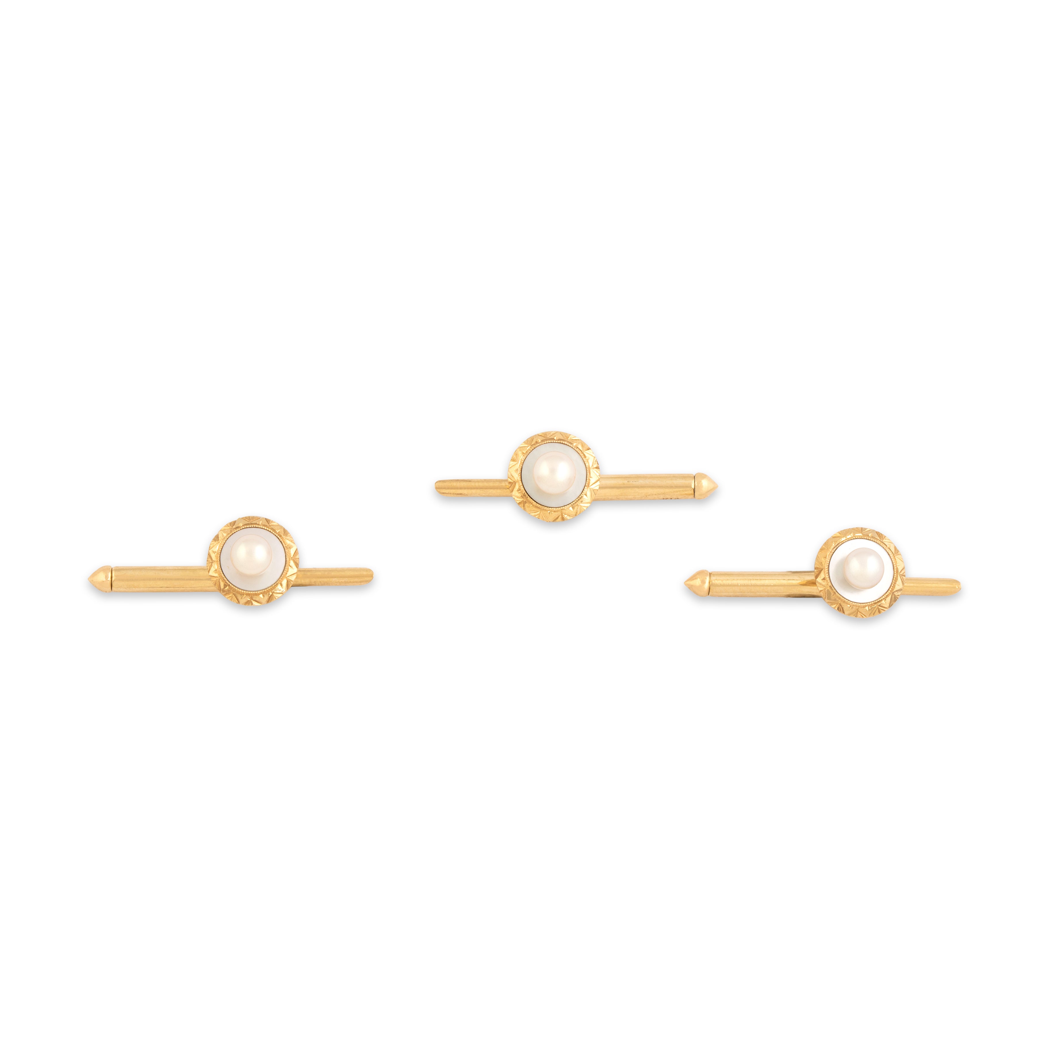 Vintage Mikimoto 14k Yellow Gold Pearl Mother Of Pearl Luminous Geometric Framed Tuxedo Set Cufflinks - detail view #1