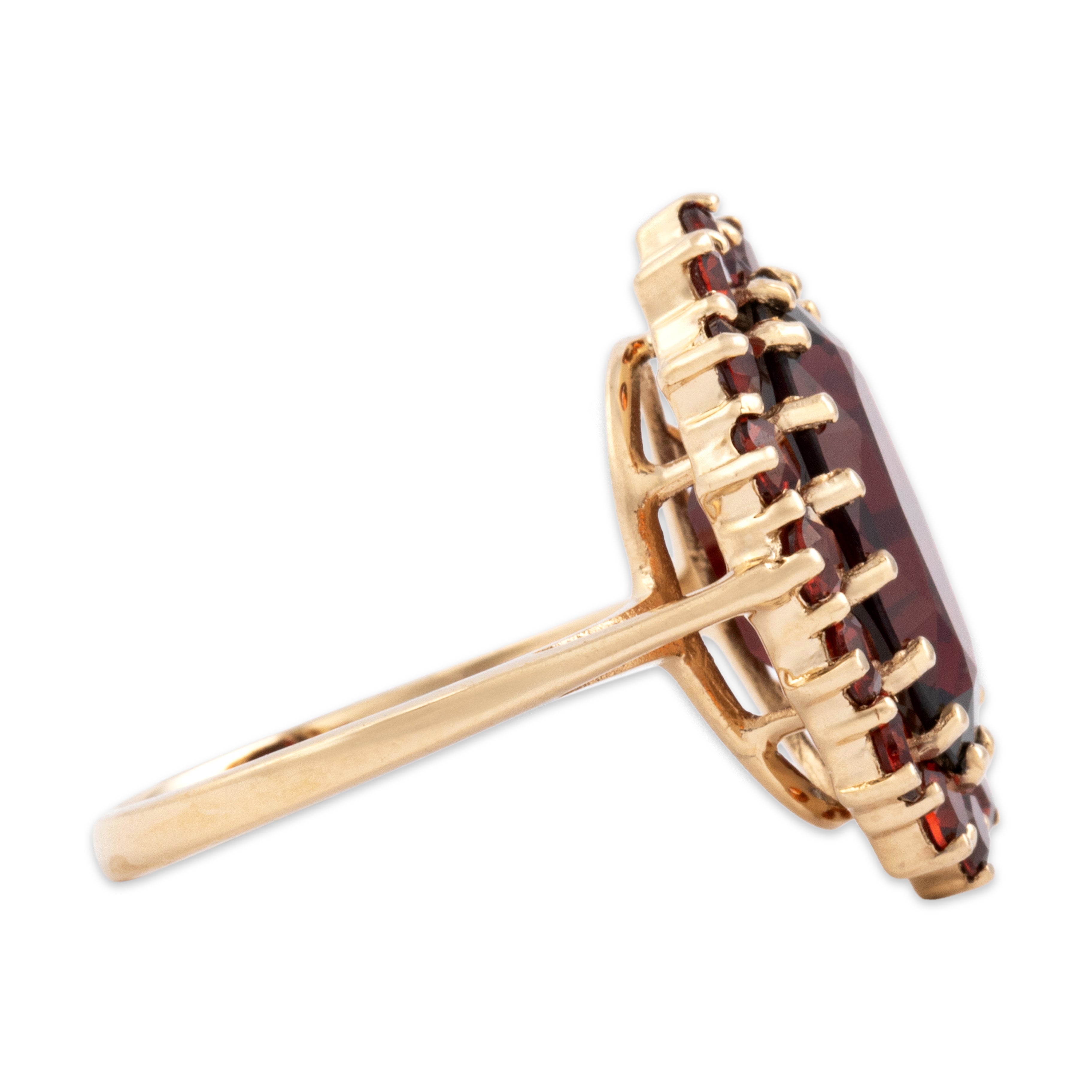 Vintage 10k Yellow Gold 4.83cttw Garnet Crimson Elongated Floriform Halo Ring - Side view