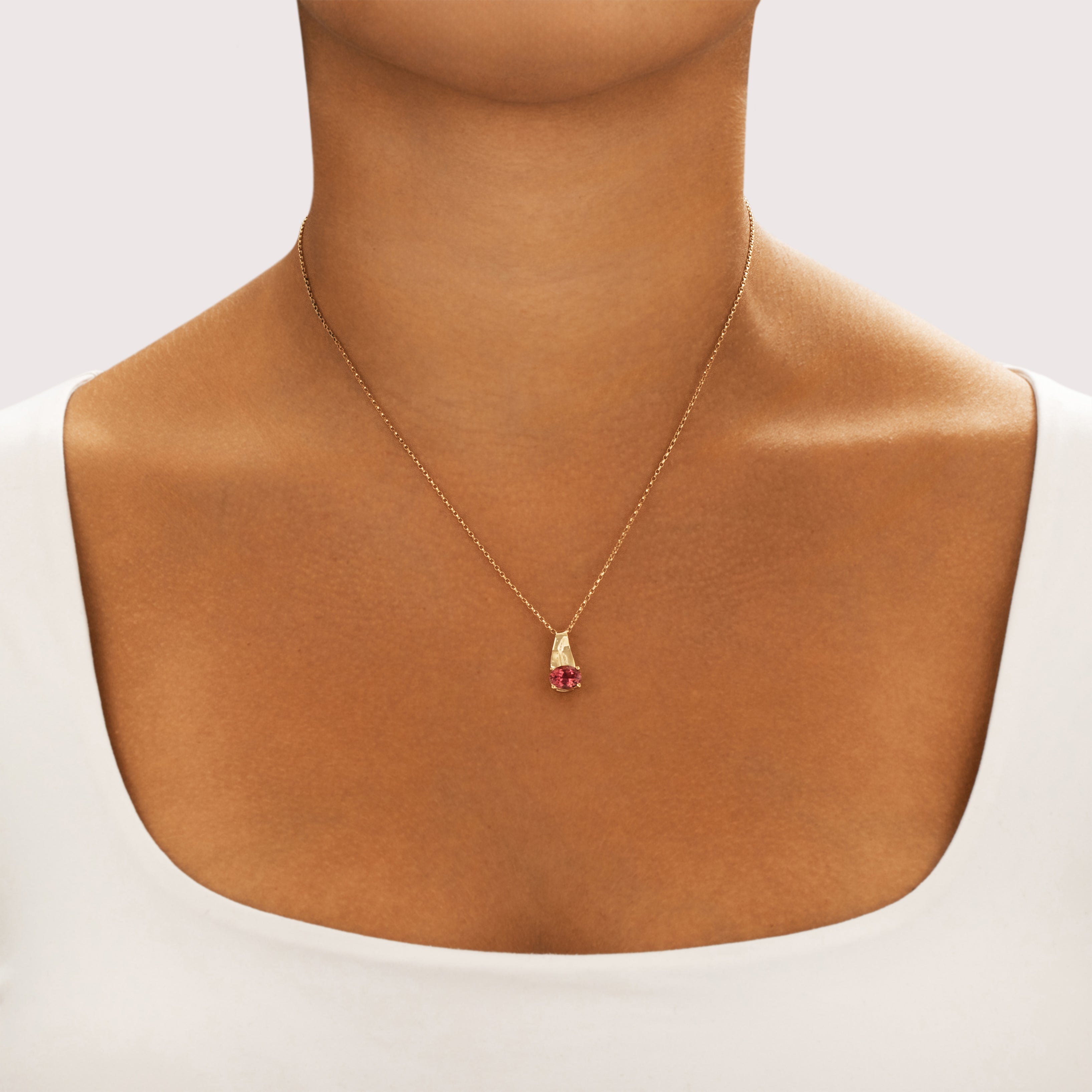 Vintage 14k Yellow Gold 1.27ct Pink Tourmaline Asymmetric Bright East-West Pendant - On model view