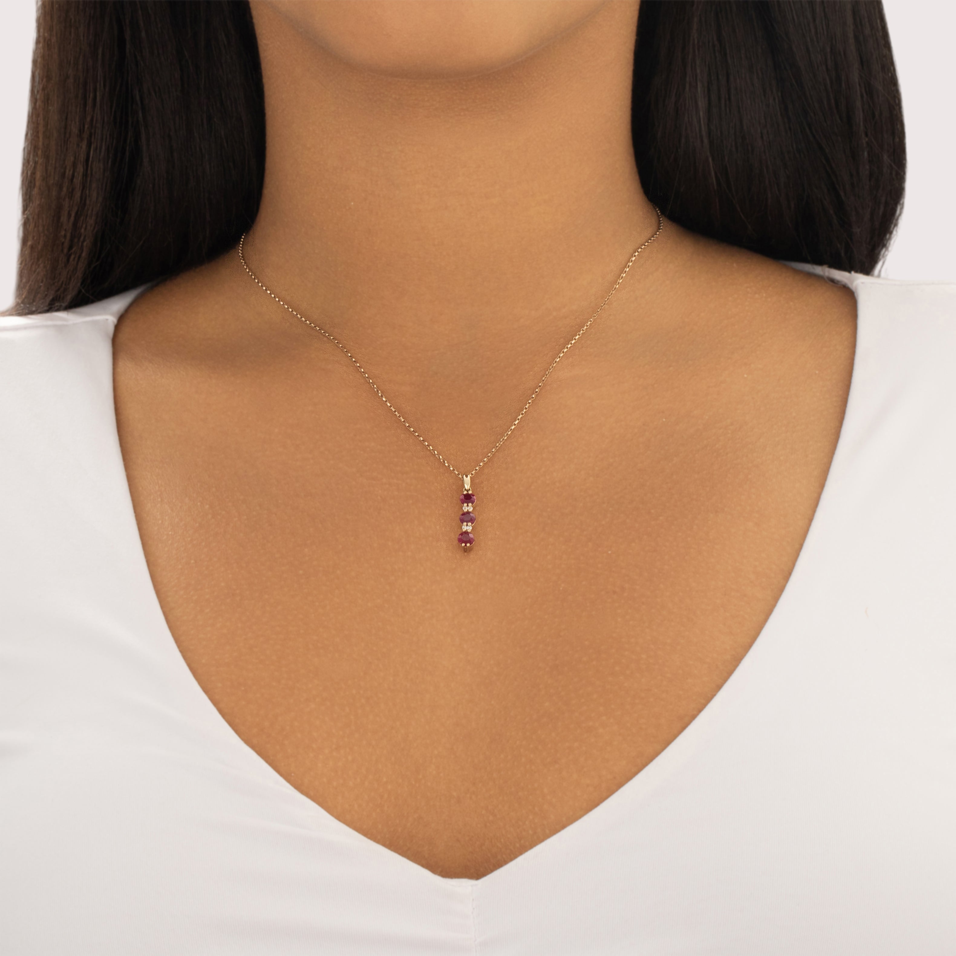 Vintage 14k Yellow Gold 1.04cttw Ruby Diamond Elegant Alternating Dangle Trio Pendant - On model view