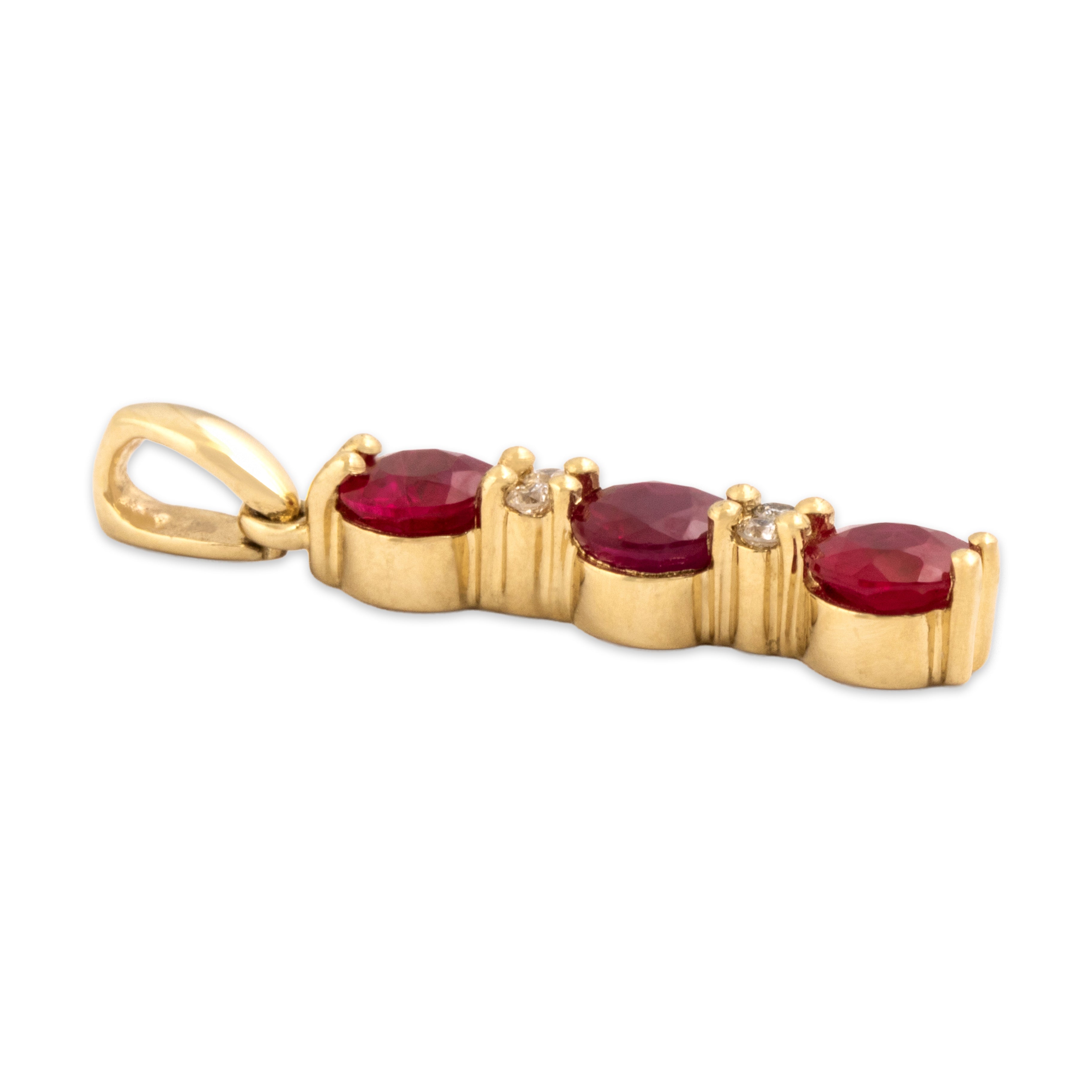 Vintage 14k Yellow Gold 1.04cttw Ruby Diamond Elegant Alternating Dangle Trio Pendant - Side view