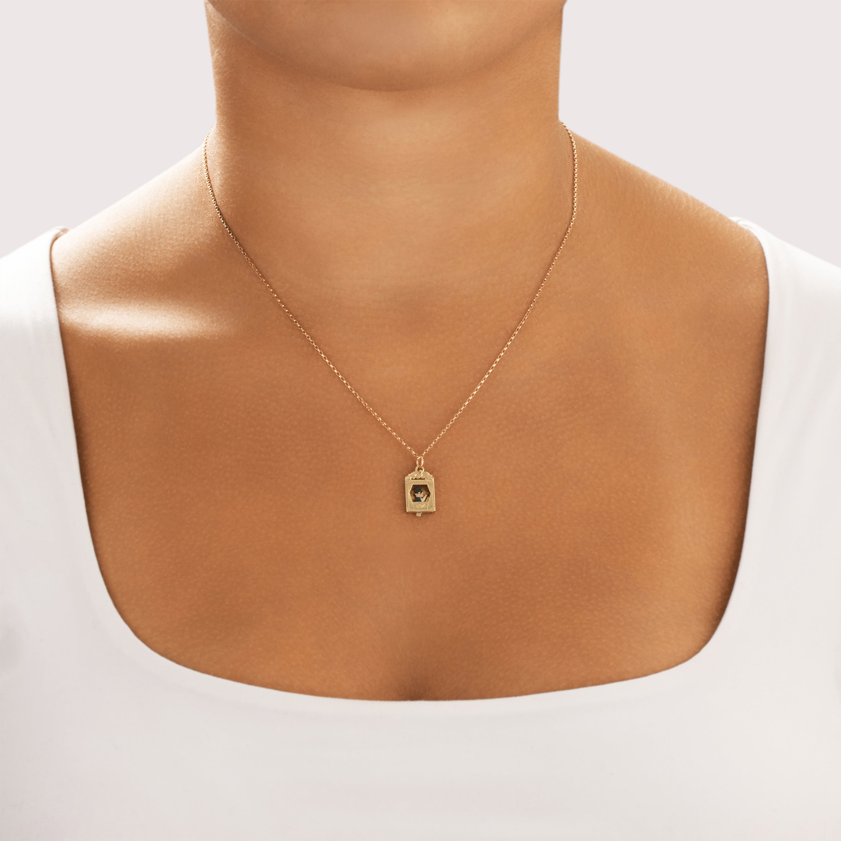 Vintage Sloan & Co. 14k Yellow Gold Articulated Enamel Punch & Judy Charm / Pendant - On model view
