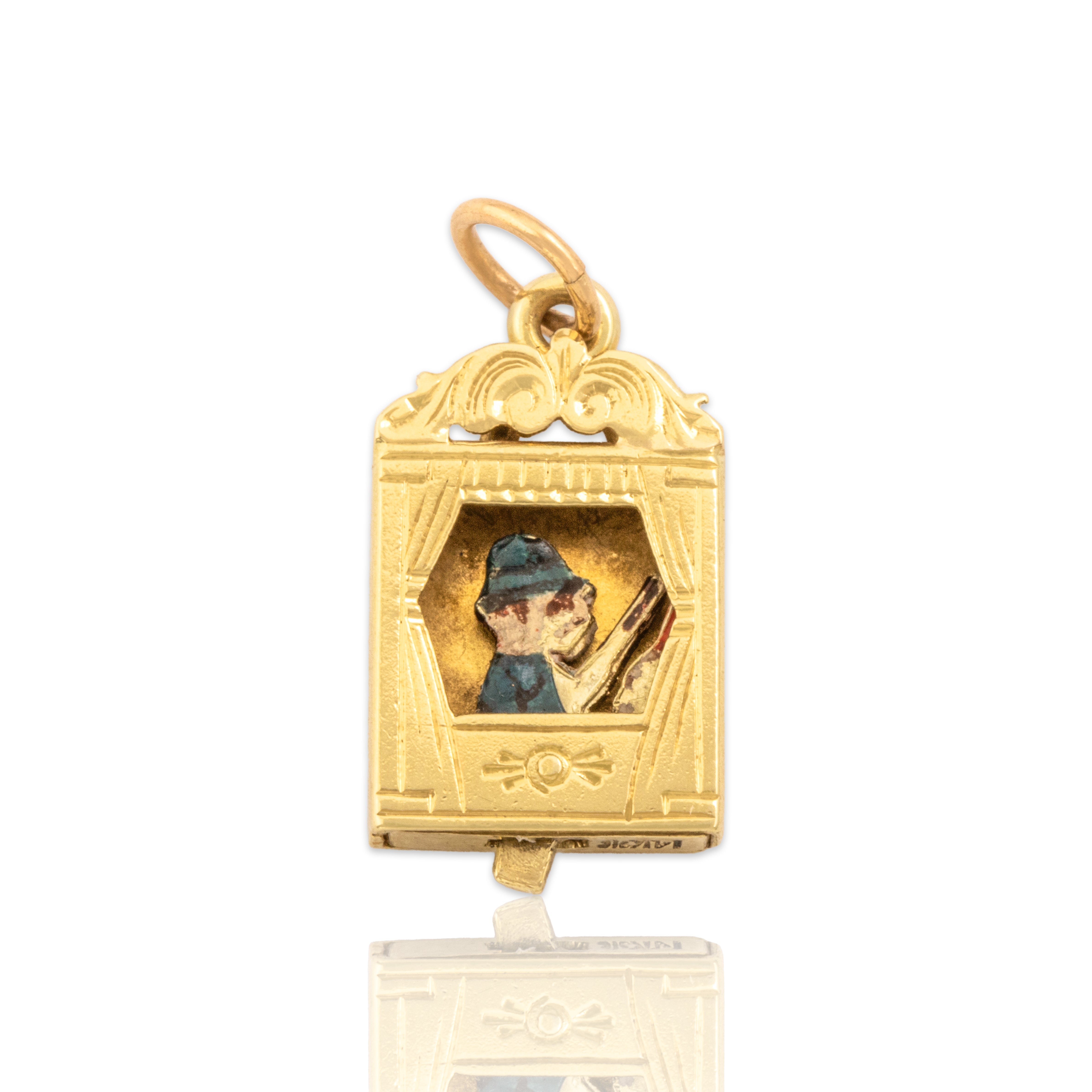 Vintage Sloan & Co. 14k Yellow Gold Articulated Enamel Punch & Judy Charm / Pendant - Close-up view