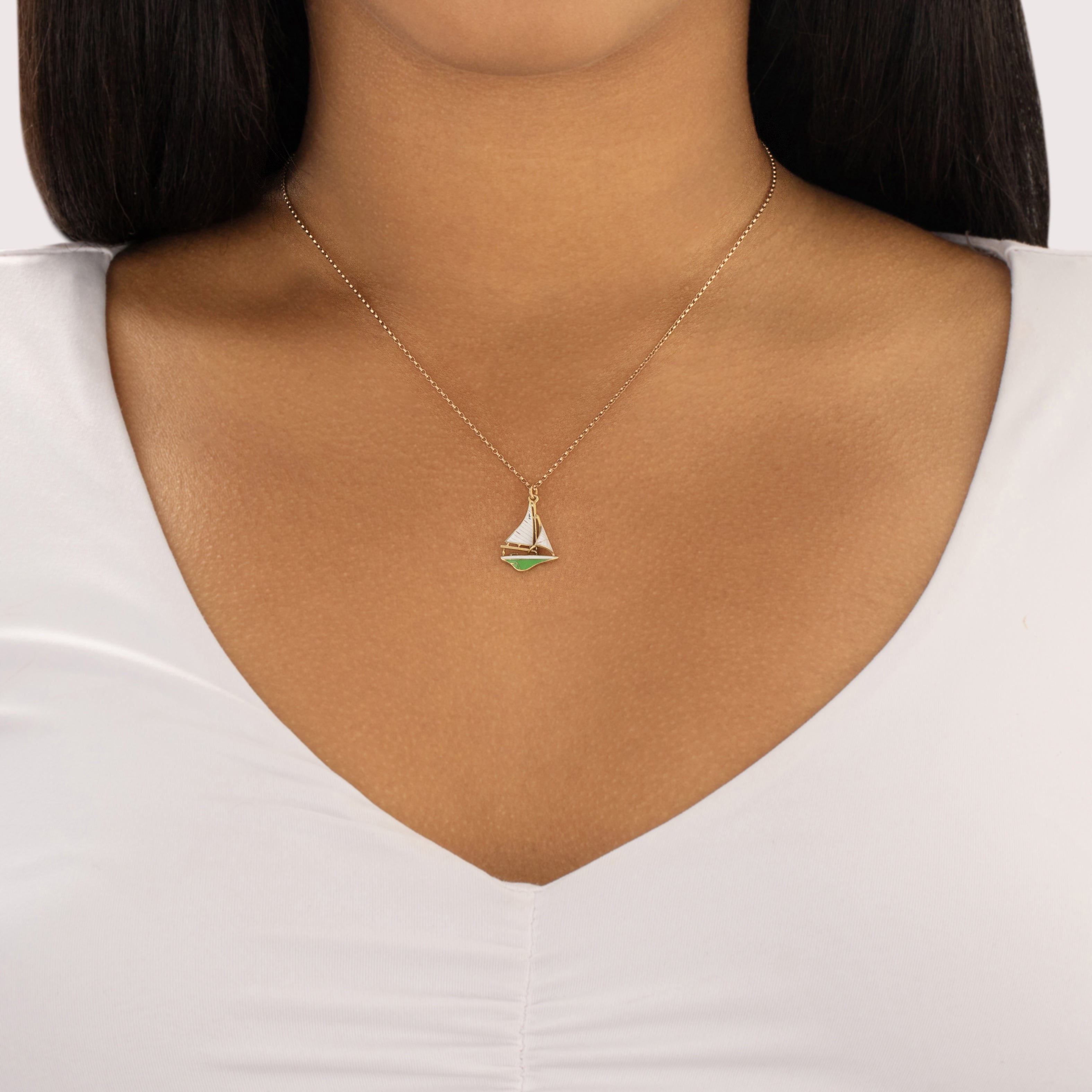 Vintage 14k Yellow Gold Nautical Enamel Sailboat Charm / Pendant - On model view