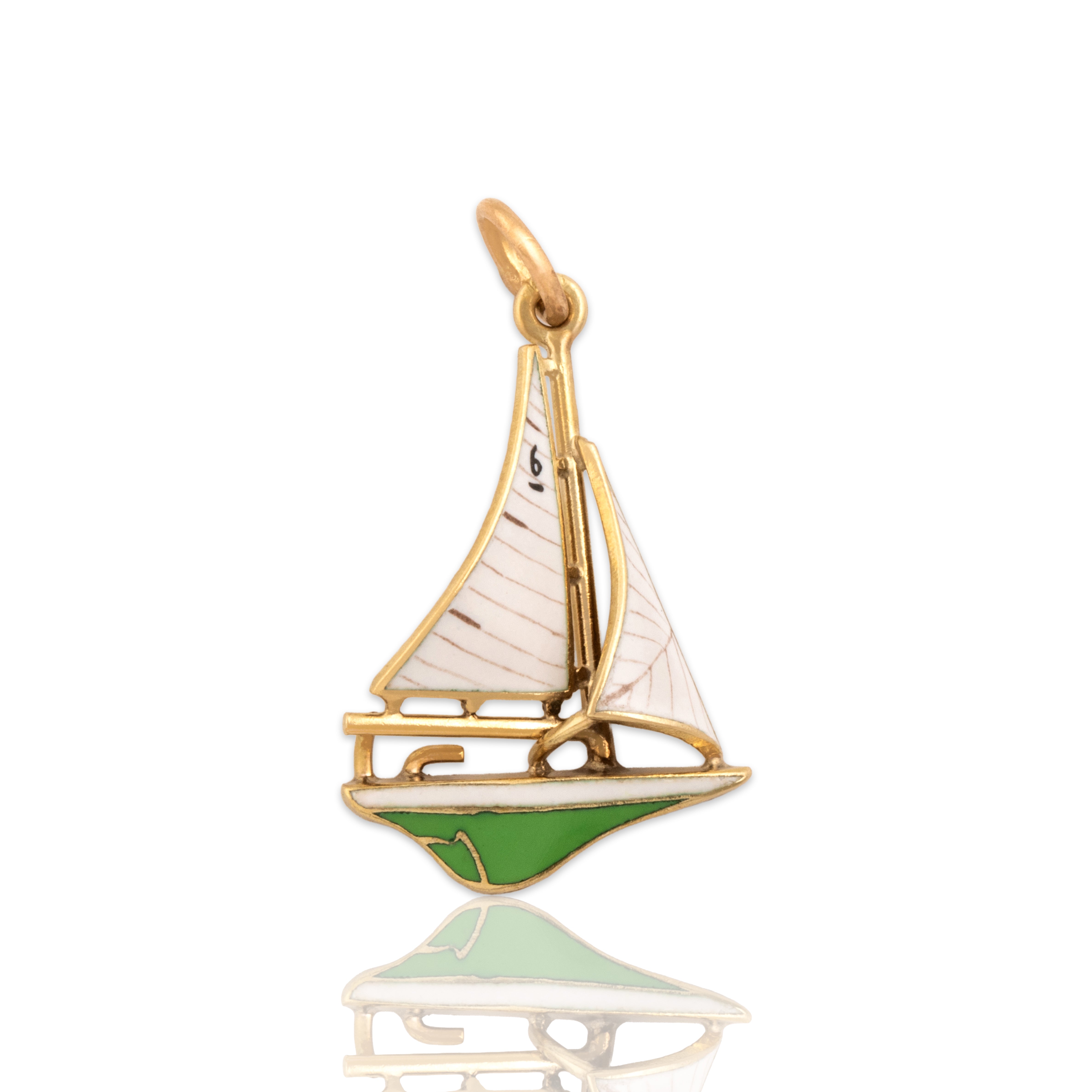 Vintage 14k Yellow Gold Nautical Enamel Sailboat Charm / Pendant - Close-up view