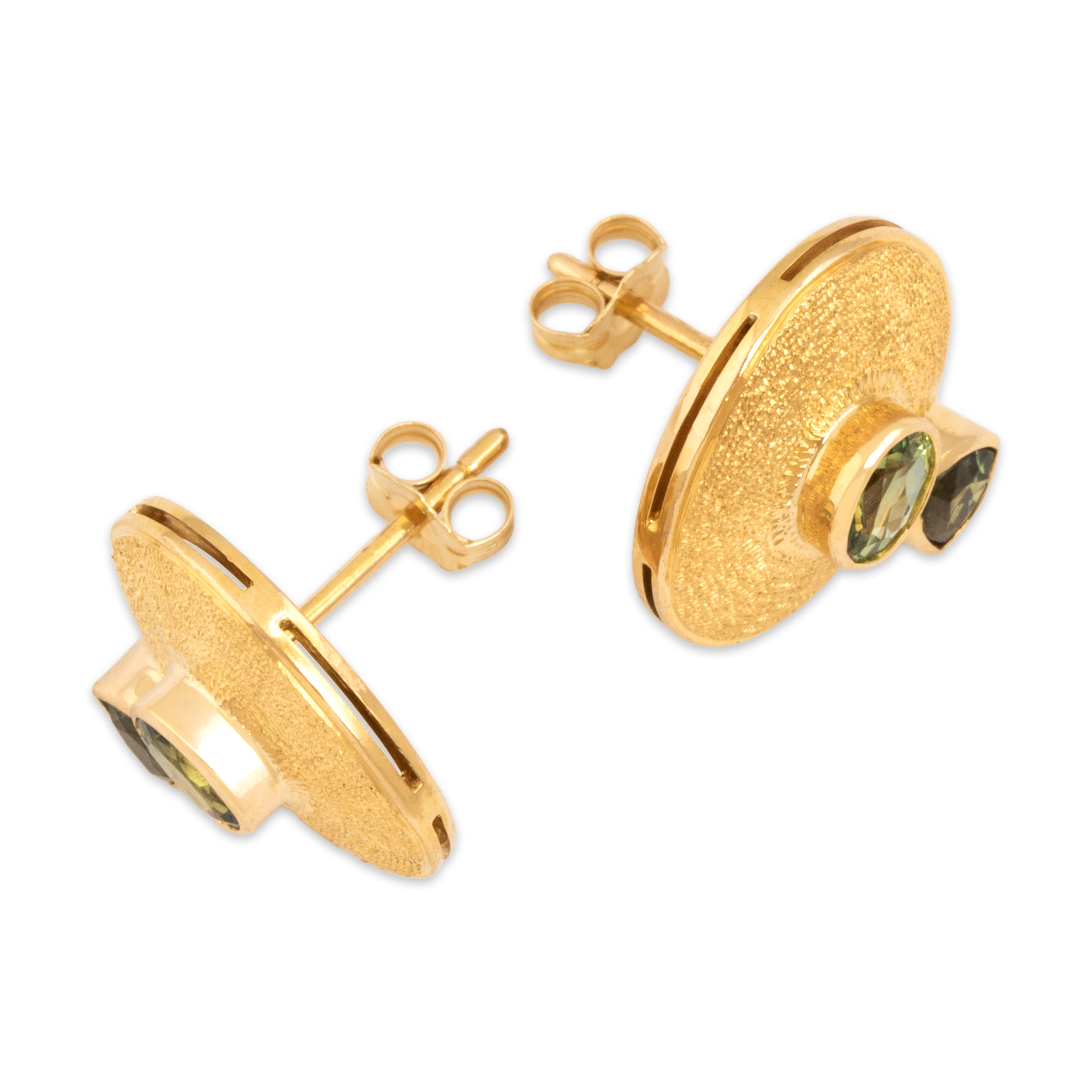 Estate 14k Yellow Gold 1.43cttw Green Sapphire Textured Bezel Duo Disc Stud Earrings - Side view