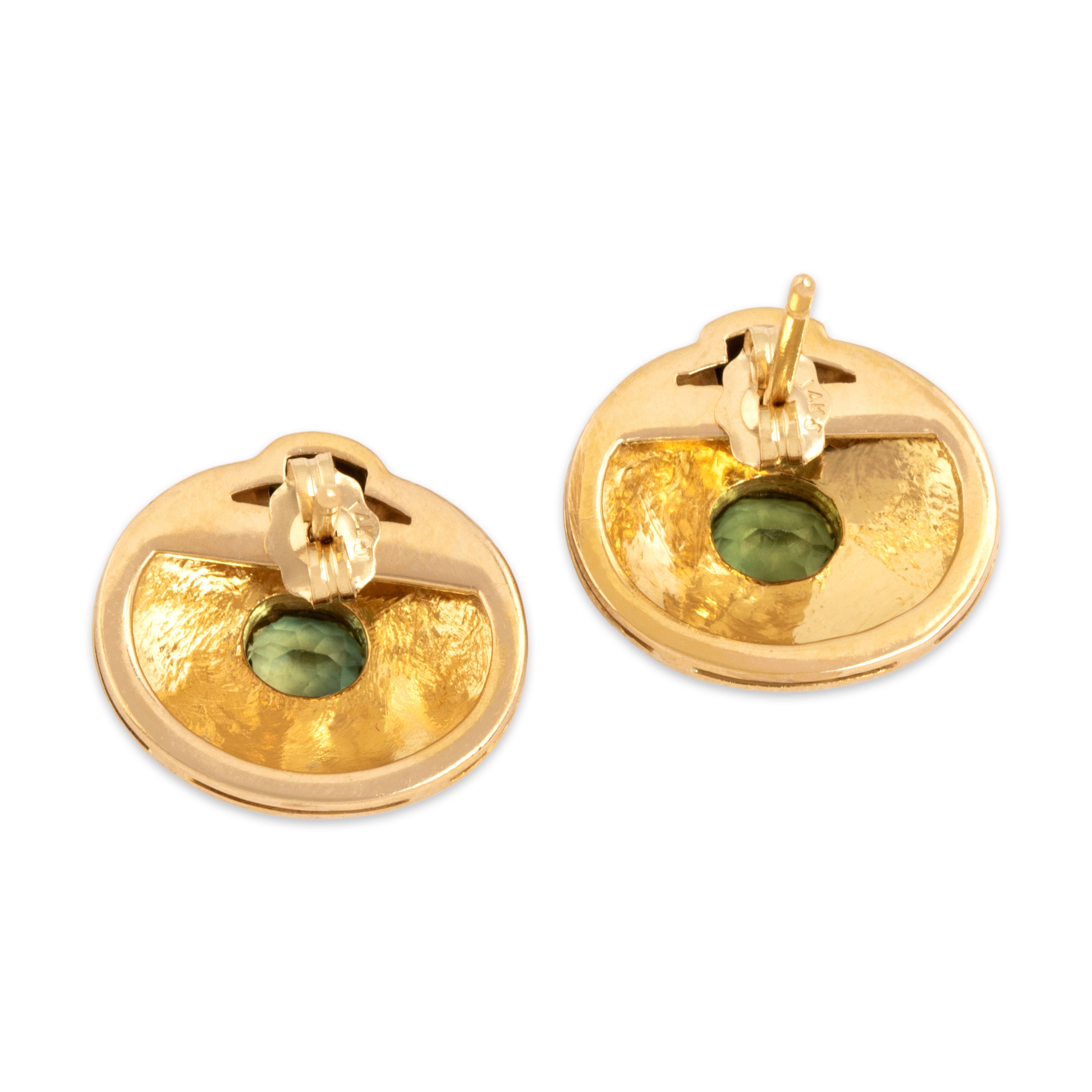 Estate 14k Yellow Gold 1.43cttw Green Sapphire Textured Bezel Duo Disc Stud Earrings - Back view