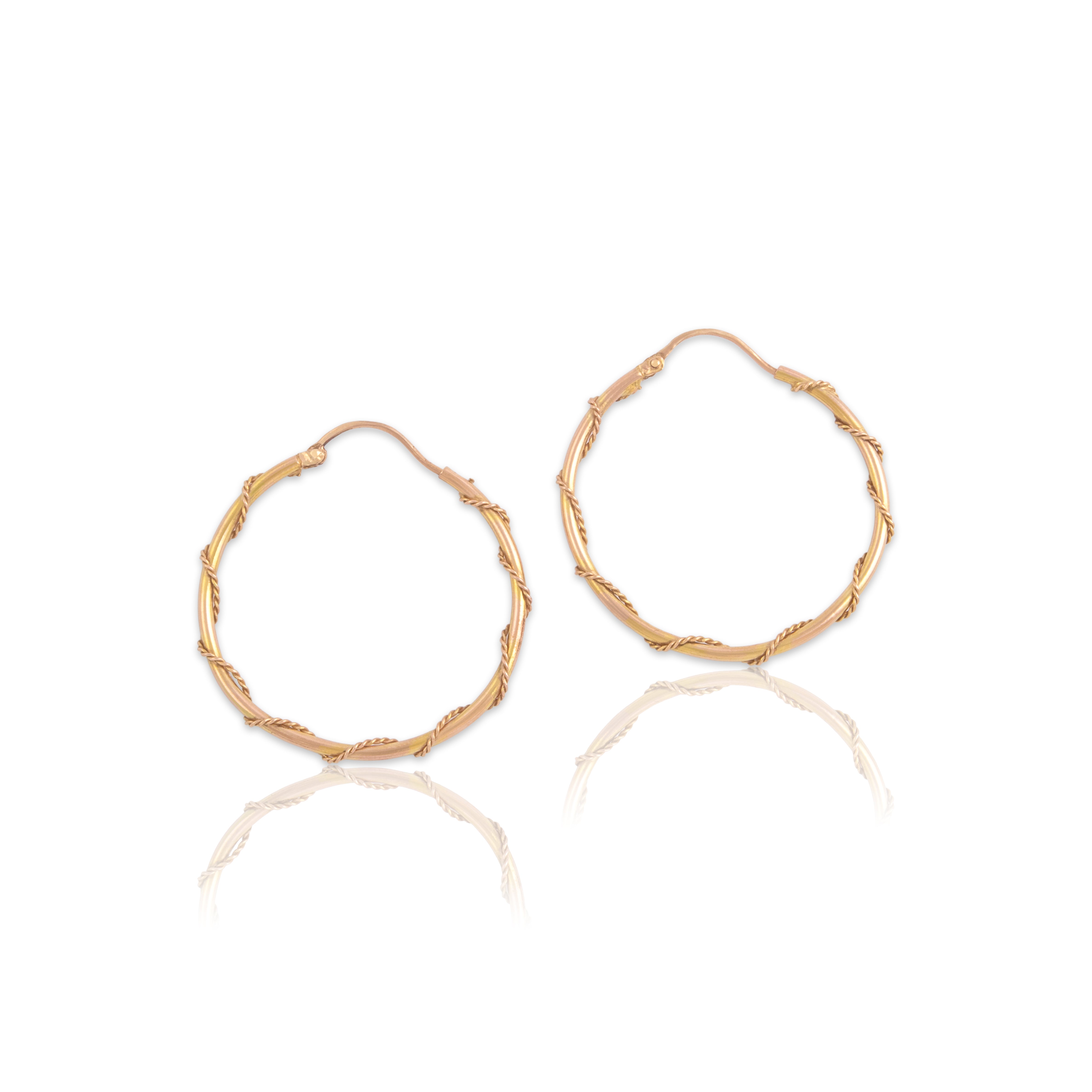 Vintage 14k Yellow & Rosy Yellow Gold Sleek Twisted Wrap Rope Hoop Earrings