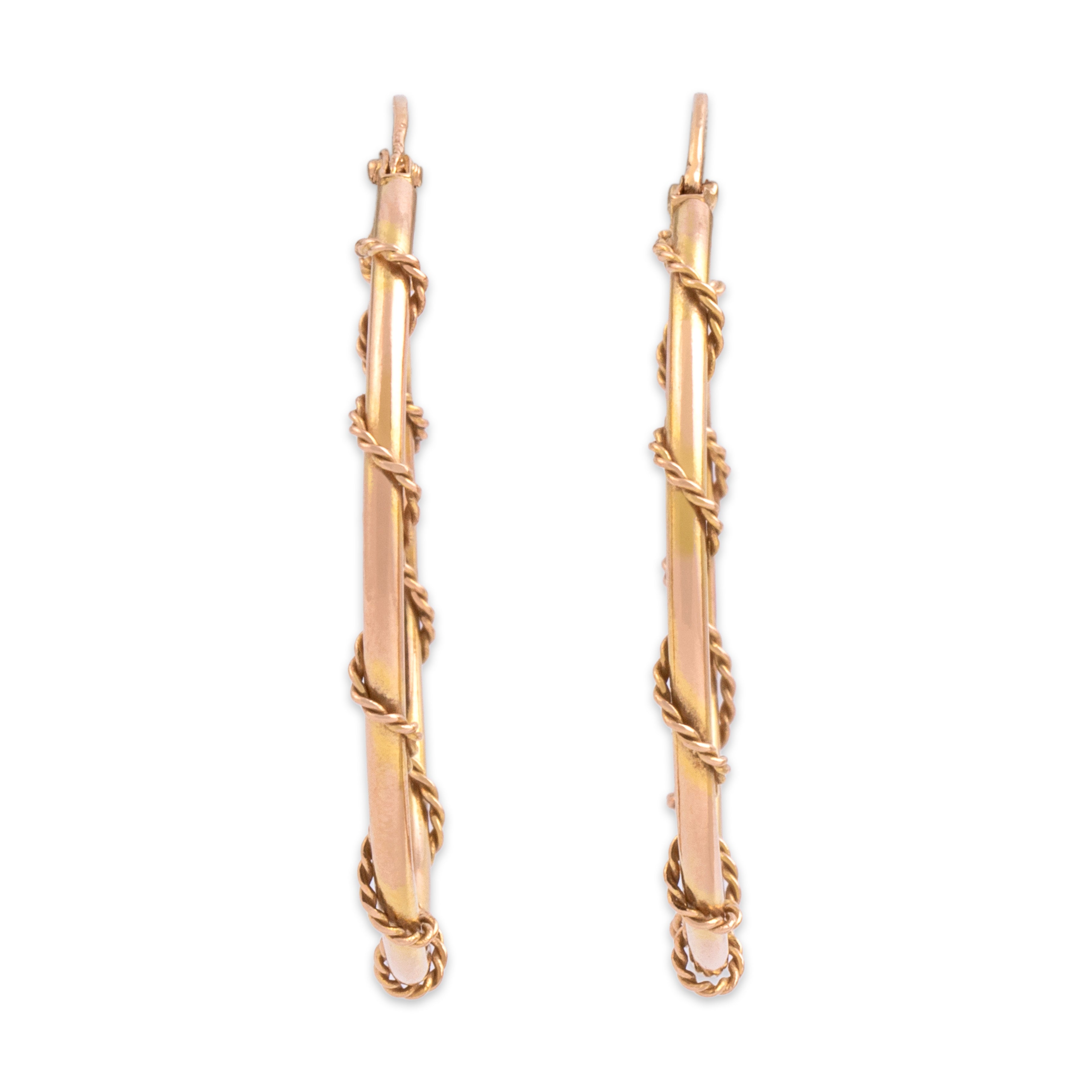 Vintage 14k Yellow & Rosy Yellow Gold Sleek Twisted Wrap Rope Hoop Earrings - Side view