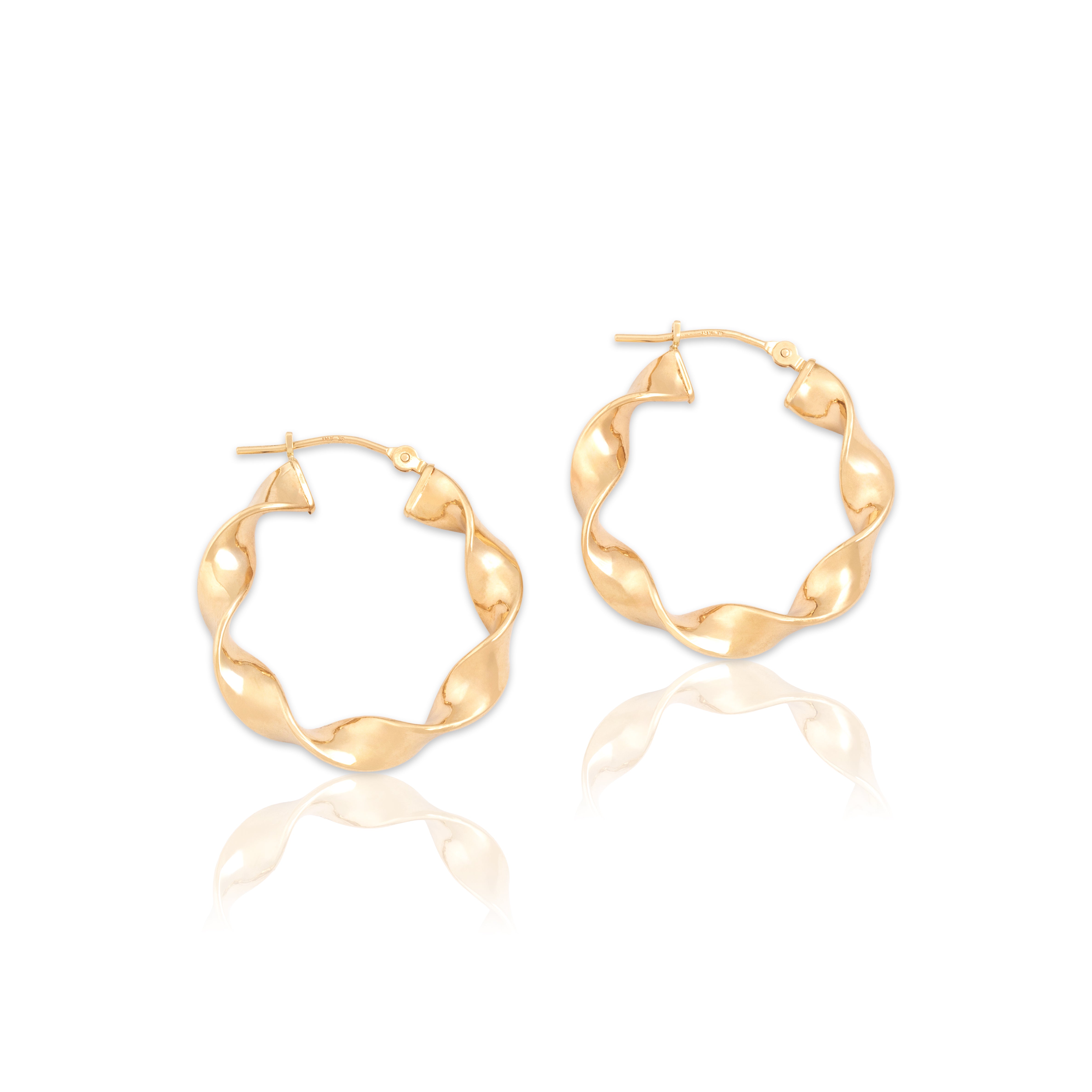 Vintage Lightweight 14k Yellow Gold Twisting Ribbon Hoop Earrings - Close-up view