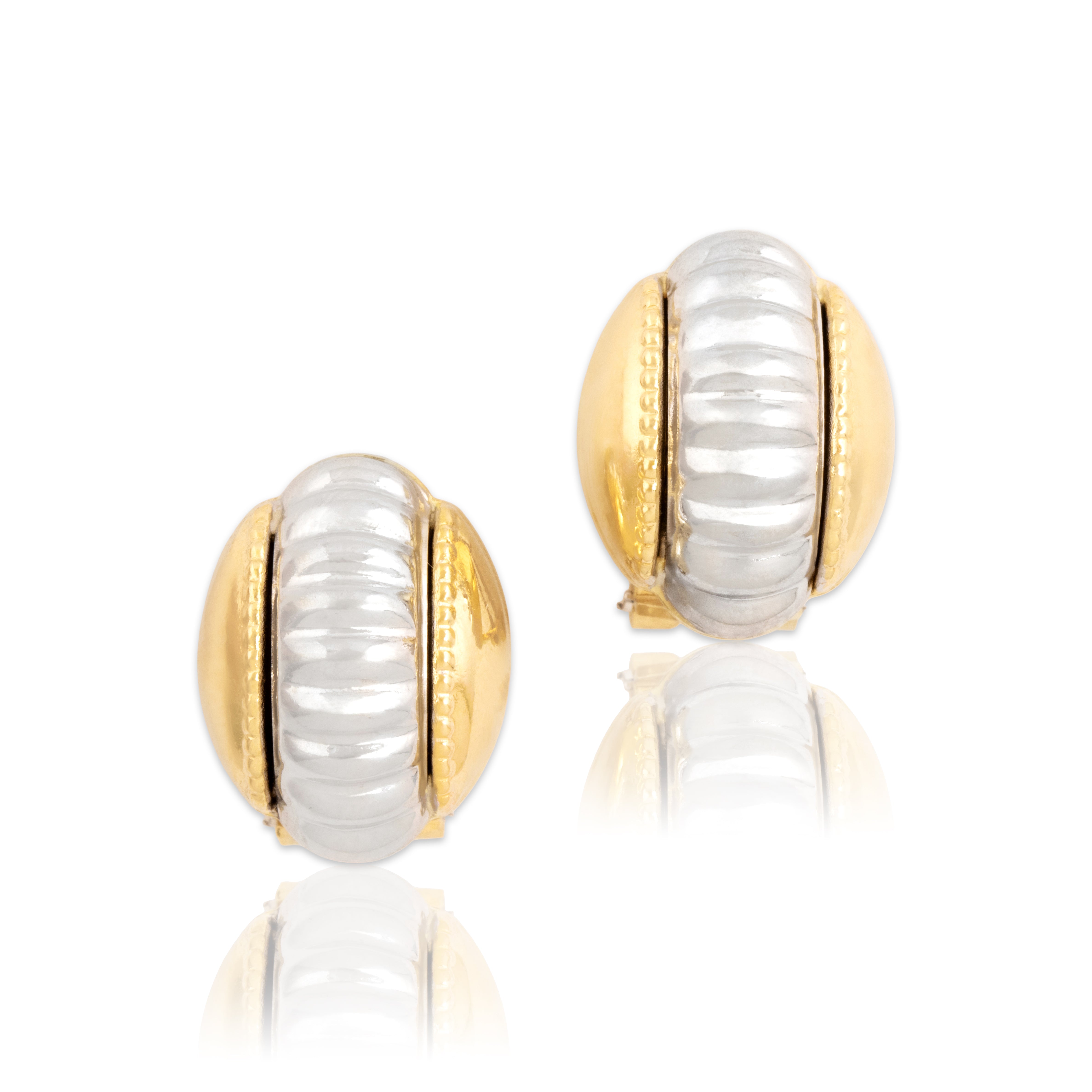 Vintage 14k Yellow & White Gold Bold Ribbed Dot Accent Dome Omega-Back Earrings - Close-up view