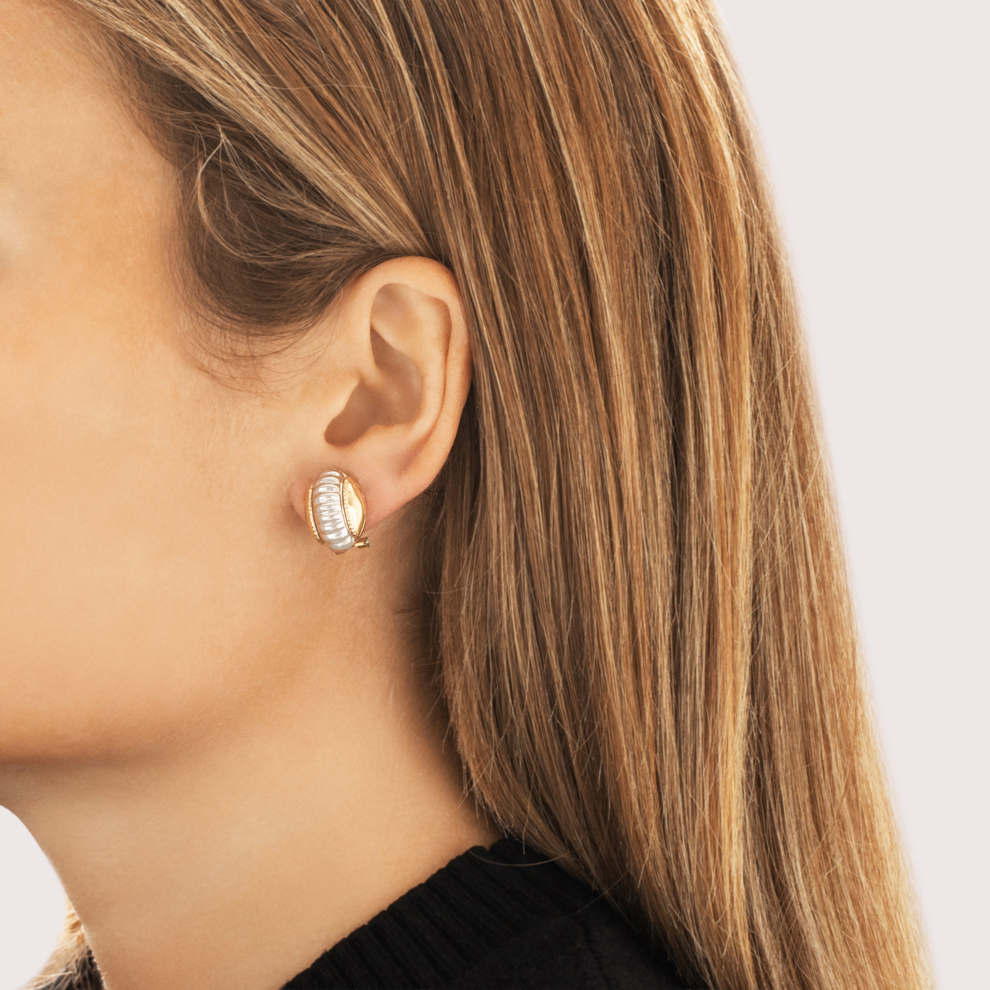 Vintage 14k Yellow & White Gold Bold Ribbed Dot Accent Dome Omega-Back Earrings - On model view