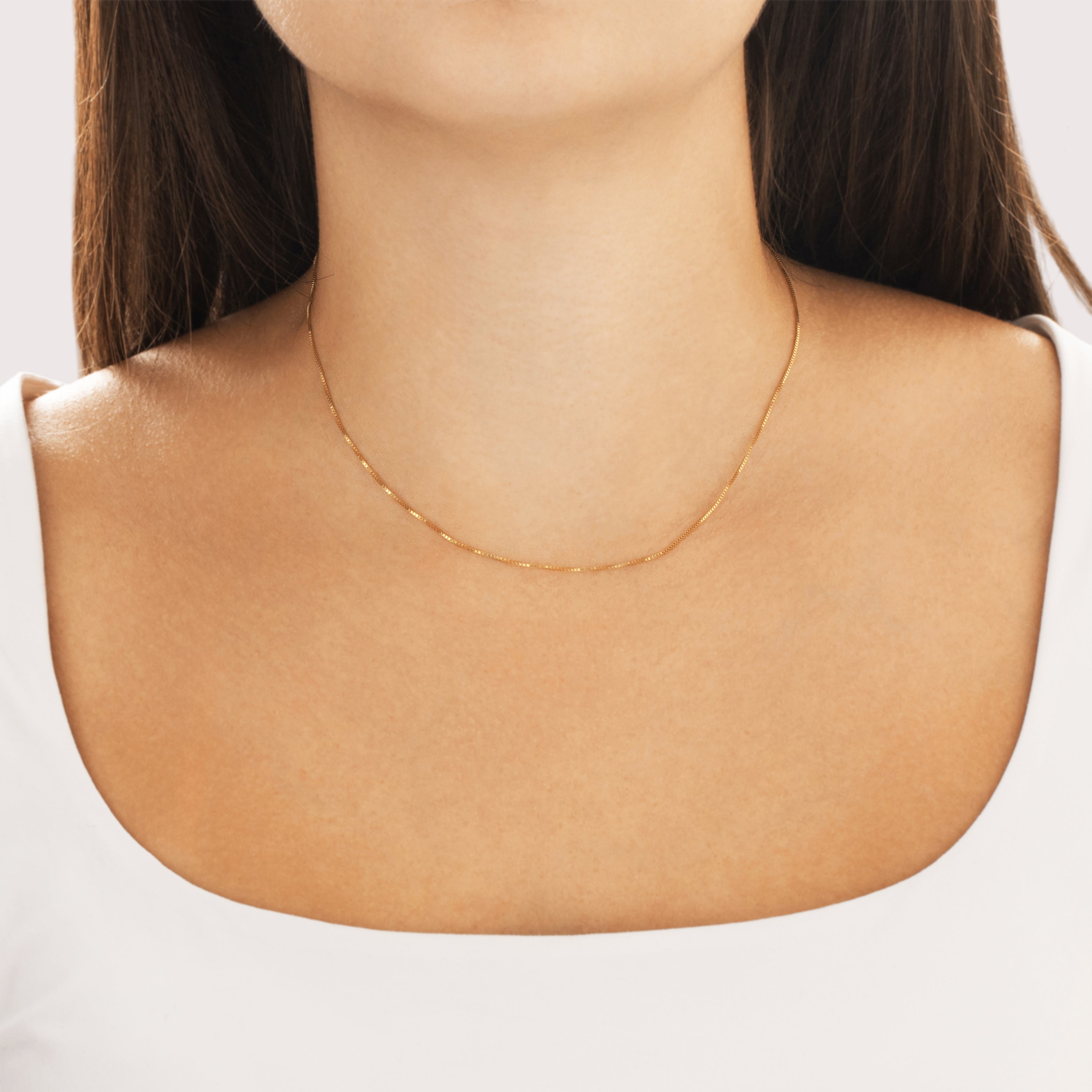 Vintage Italian 14k Yellow Gold 0.7mm Dainty Box Chain - On model view