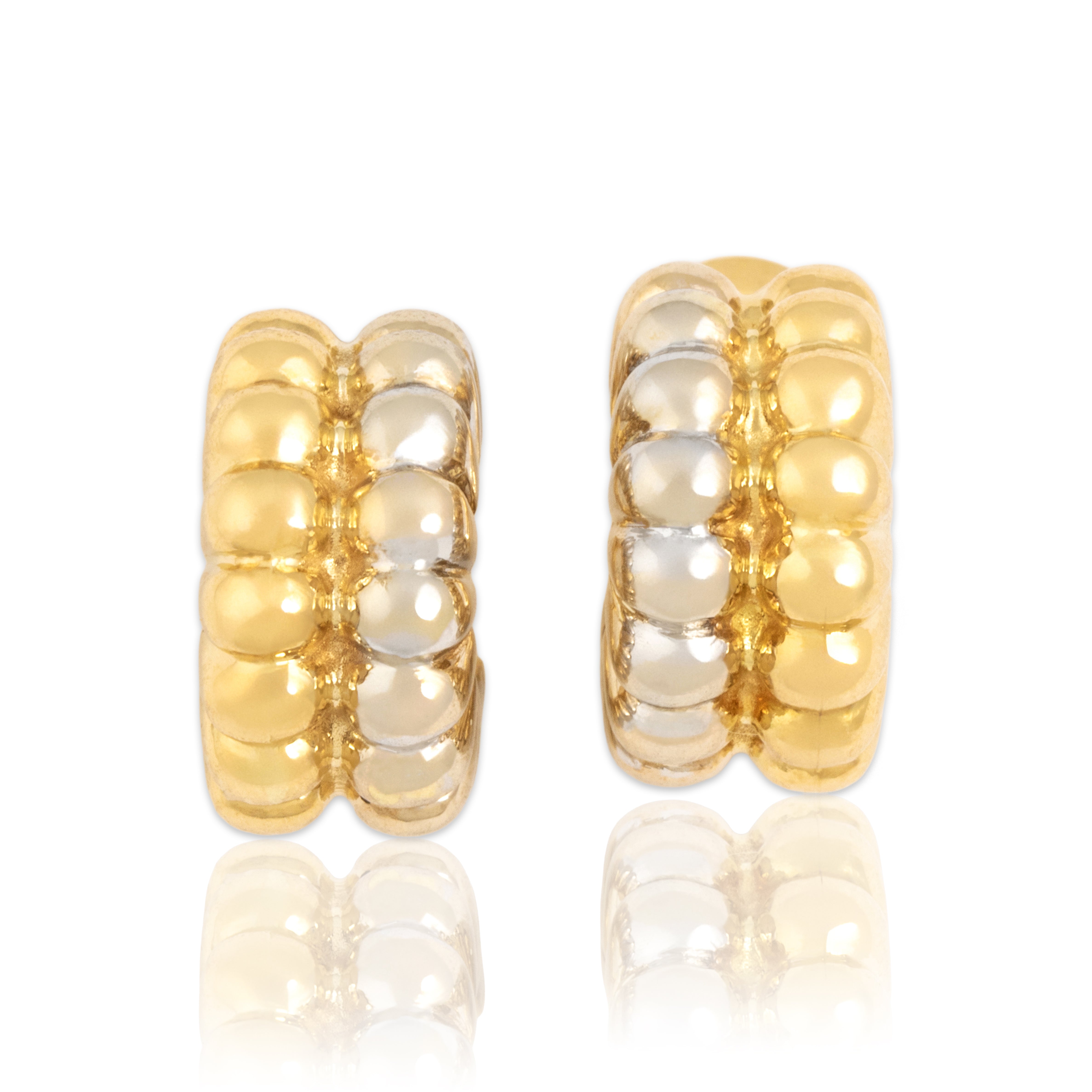 Vintage Small 18k Yellow & White Gold Puffy Two Tone Hoop Earrings - Close-up view