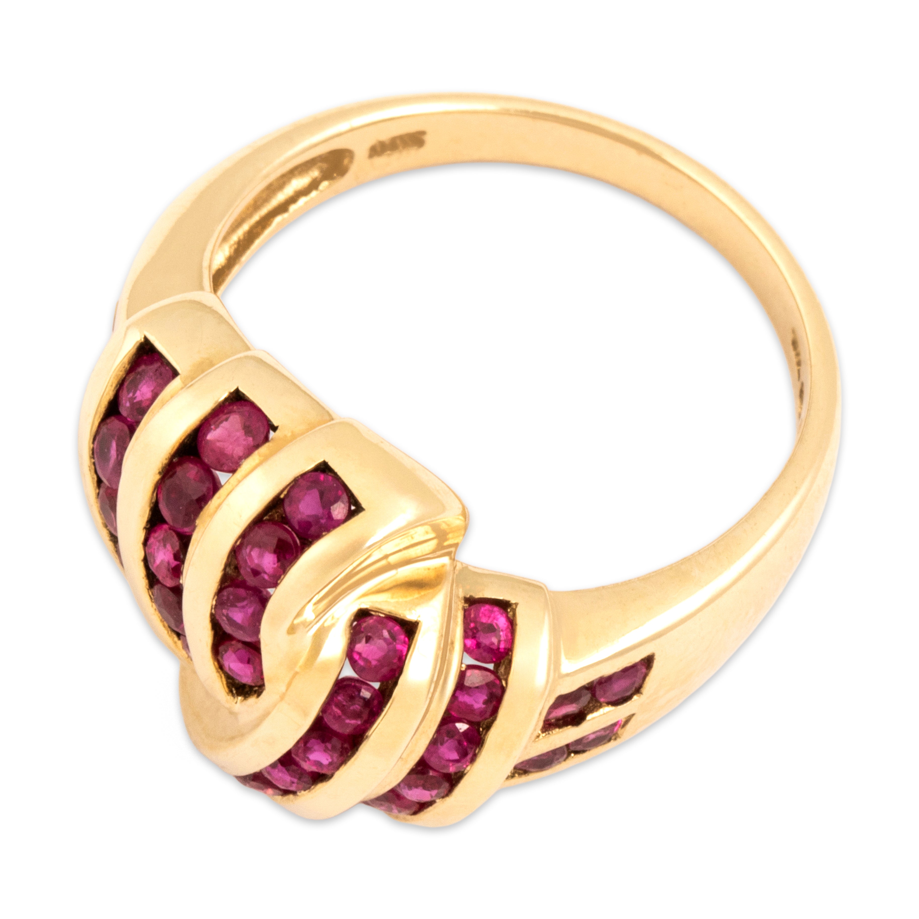 Estate 10k Yellow Gold .57cttw Ruby Striped Channel-Set Knot Ring - Overall view
