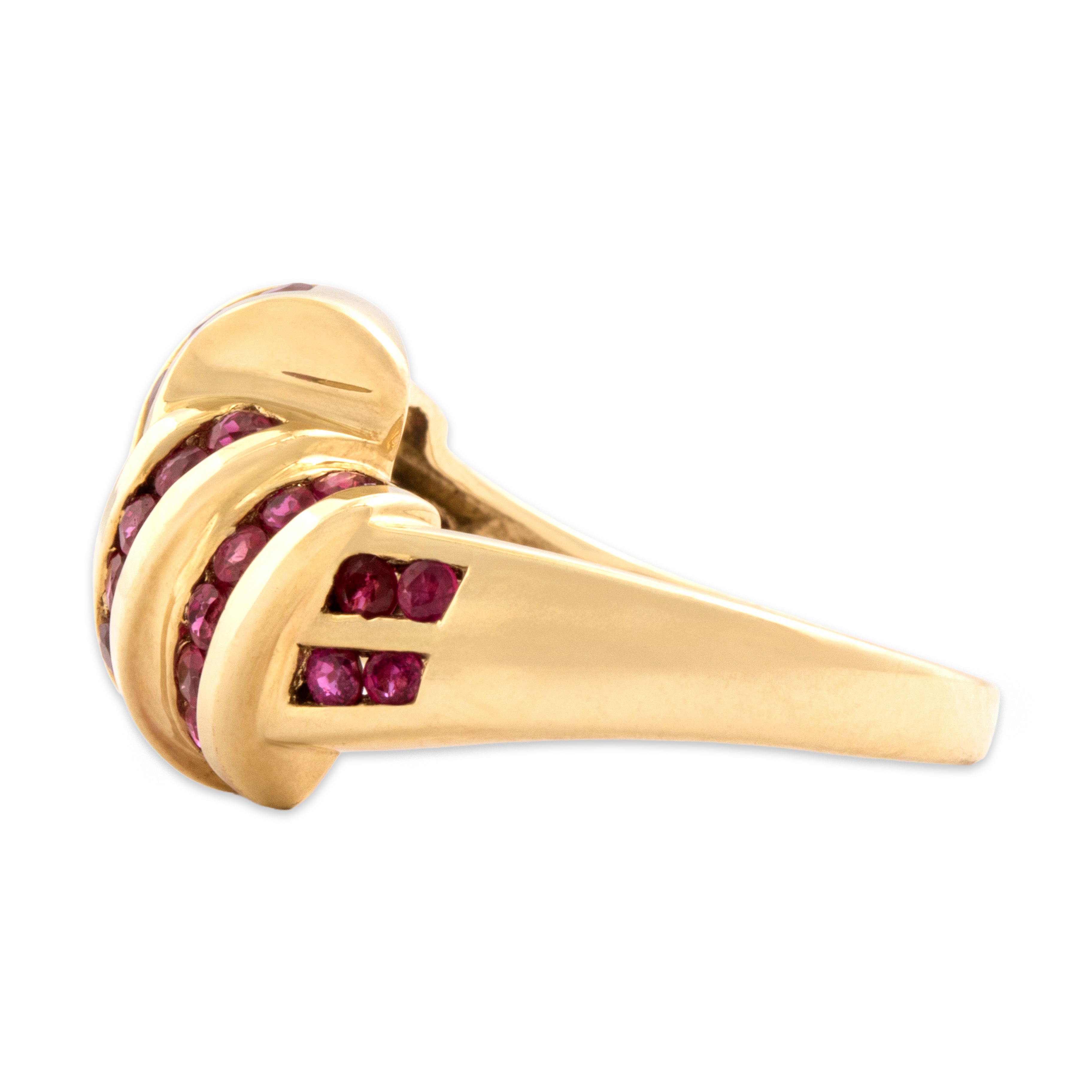 Estate 10k Yellow Gold .57cttw Ruby Striped Channel-Set Knot Ring - Side view