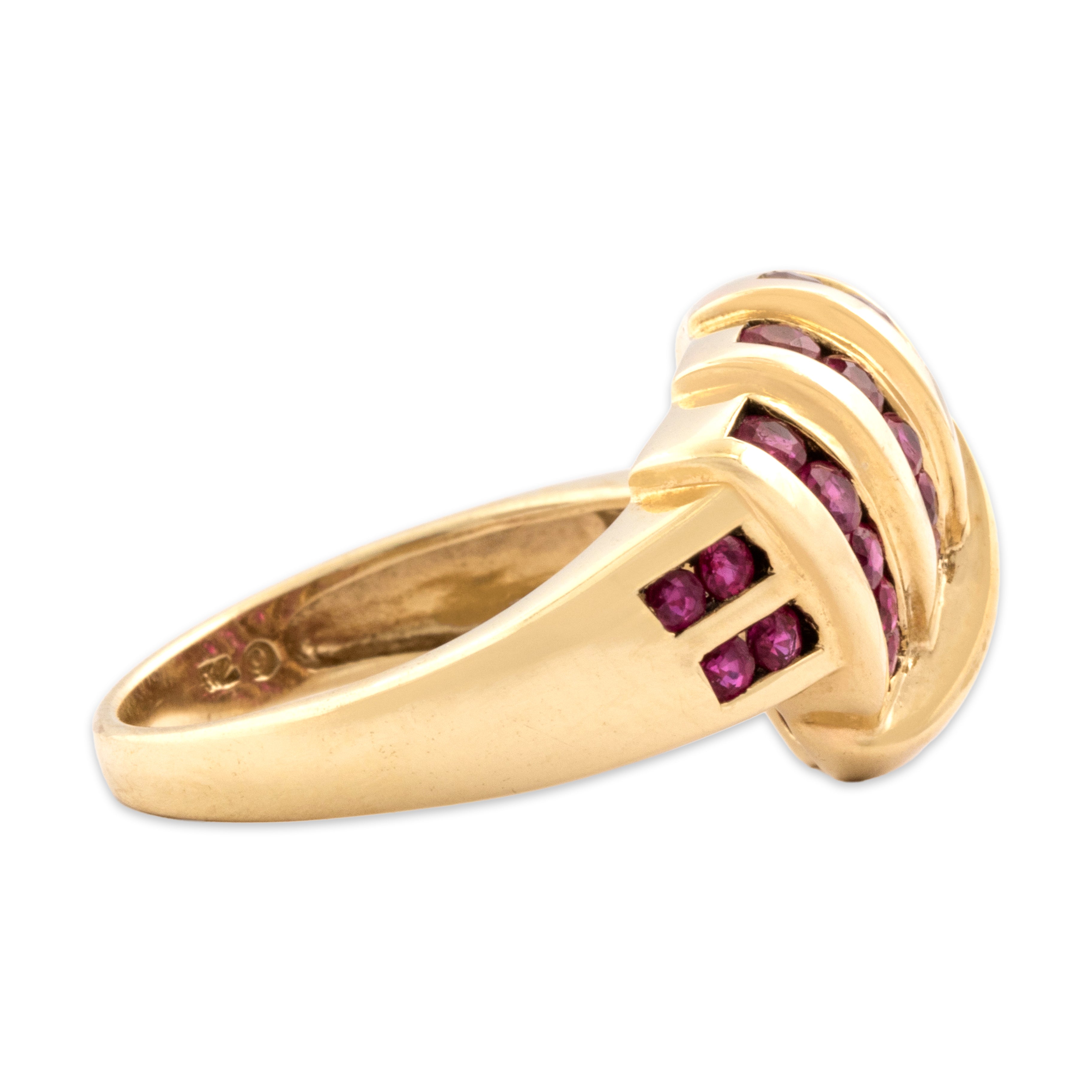 Estate 10k Yellow Gold .57cttw Ruby Striped Channel-Set Knot Ring - Side view