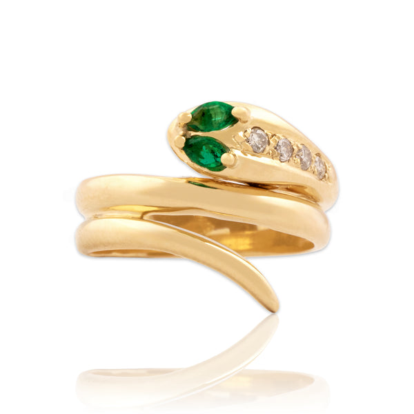 Vintage 14k Yellow Gold Emerald Diamond Slithering Wrapped Snake Ring 5.75