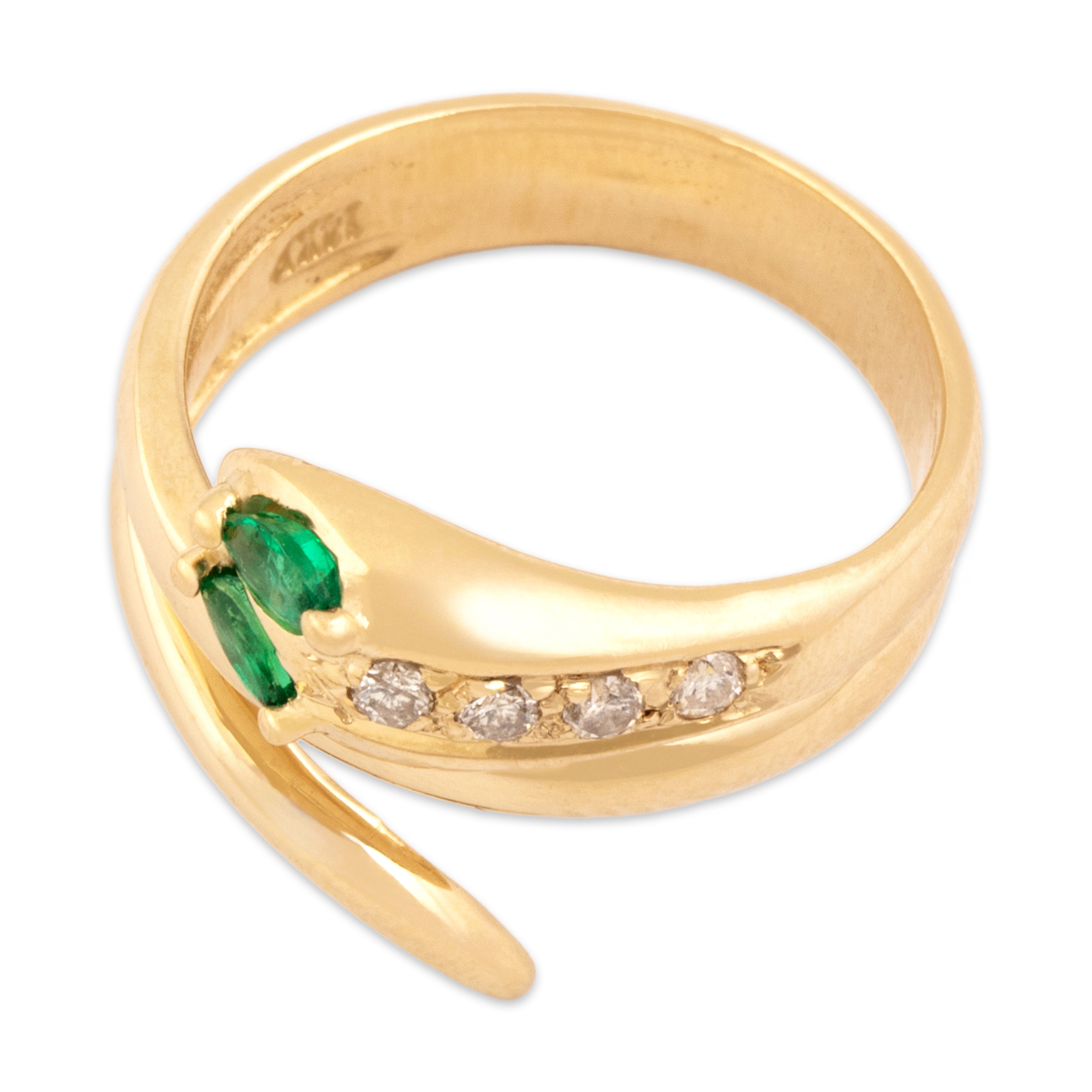 Vintage 14k Yellow Gold Emerald Diamond Slithering Wrapped Snake Ring - Overall view