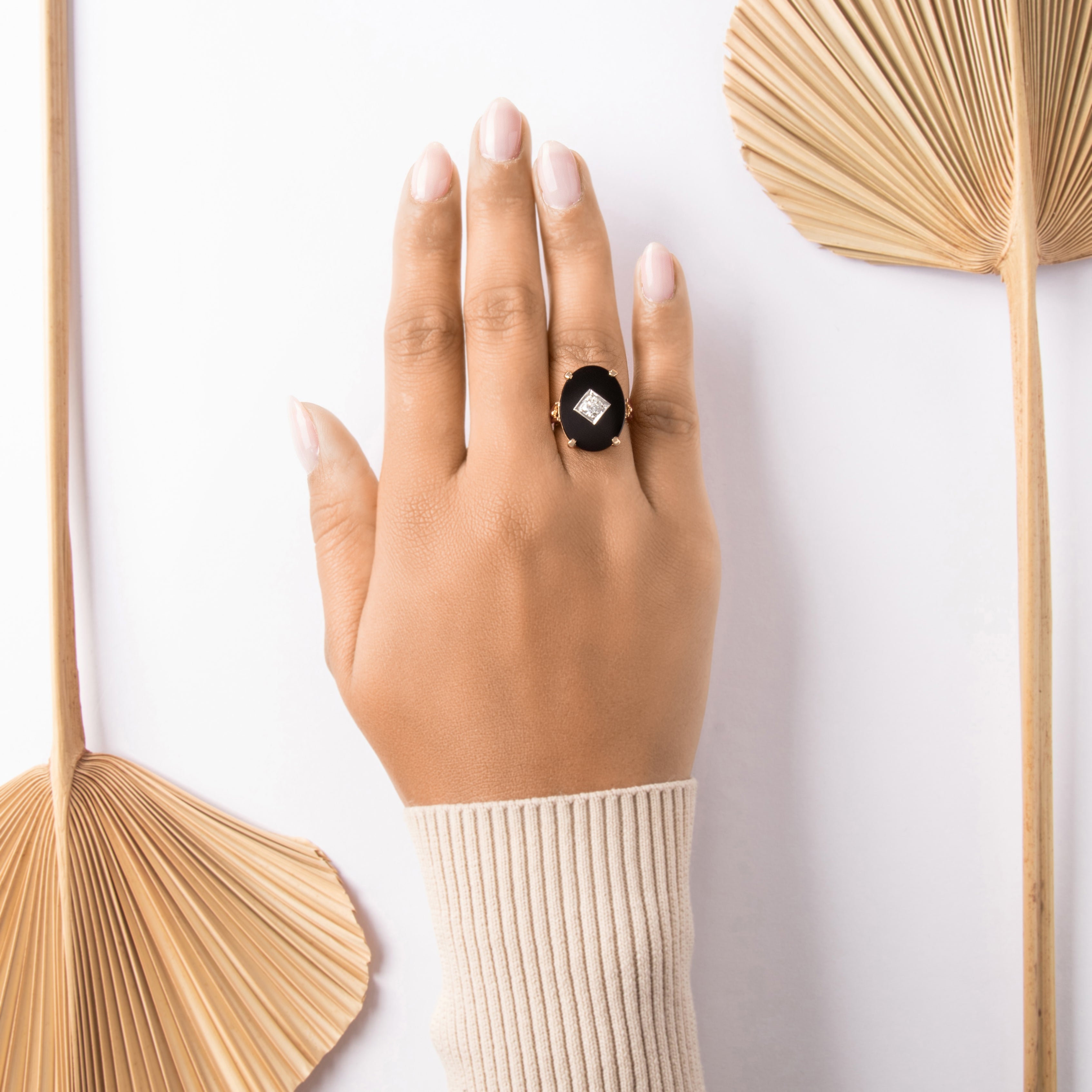Vintage 14k Yellow Gold 4.8ct Onyx Old European Cut Diamond Striking Accented Oval Ring - On model view