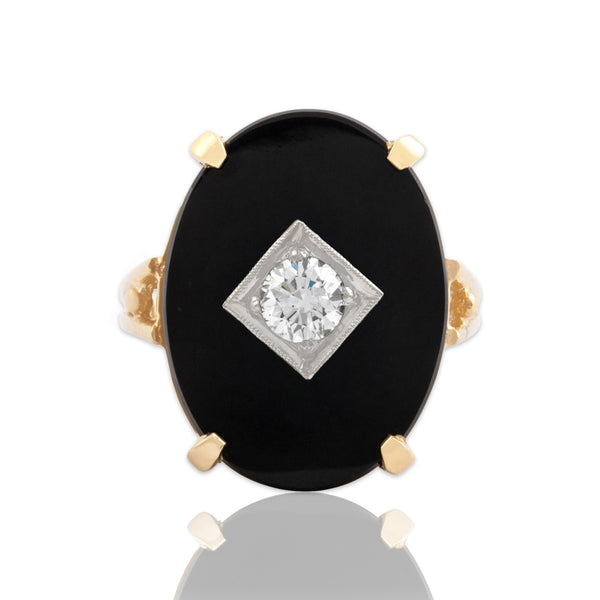 Vintage 14k Yellow Gold 4.8ct Onyx Old European Cut Diamond Striking Ring 7.00