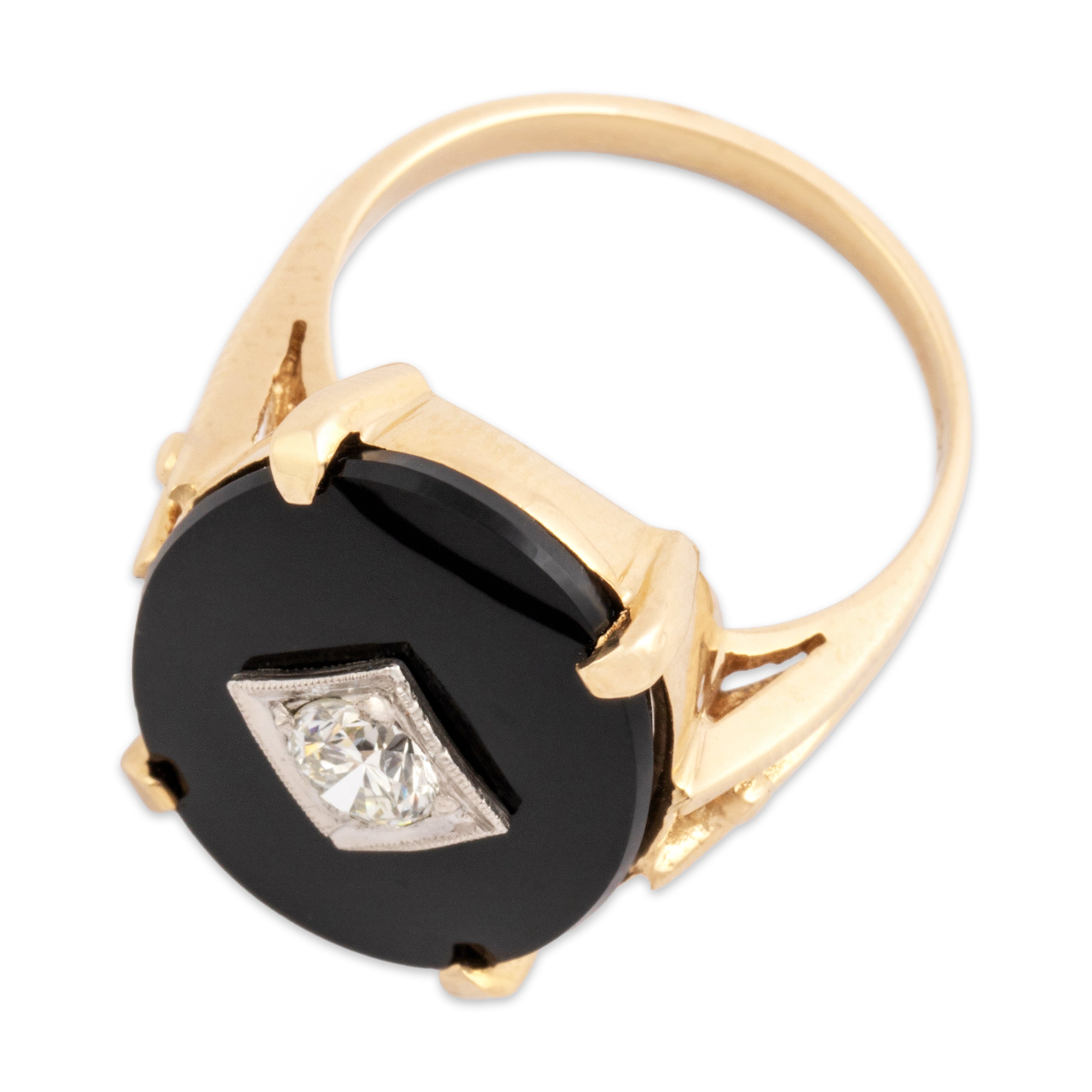 Vintage 14k Yellow Gold 4.8ct Onyx Old European Cut Diamond Striking Accented Oval Ring - Overall view