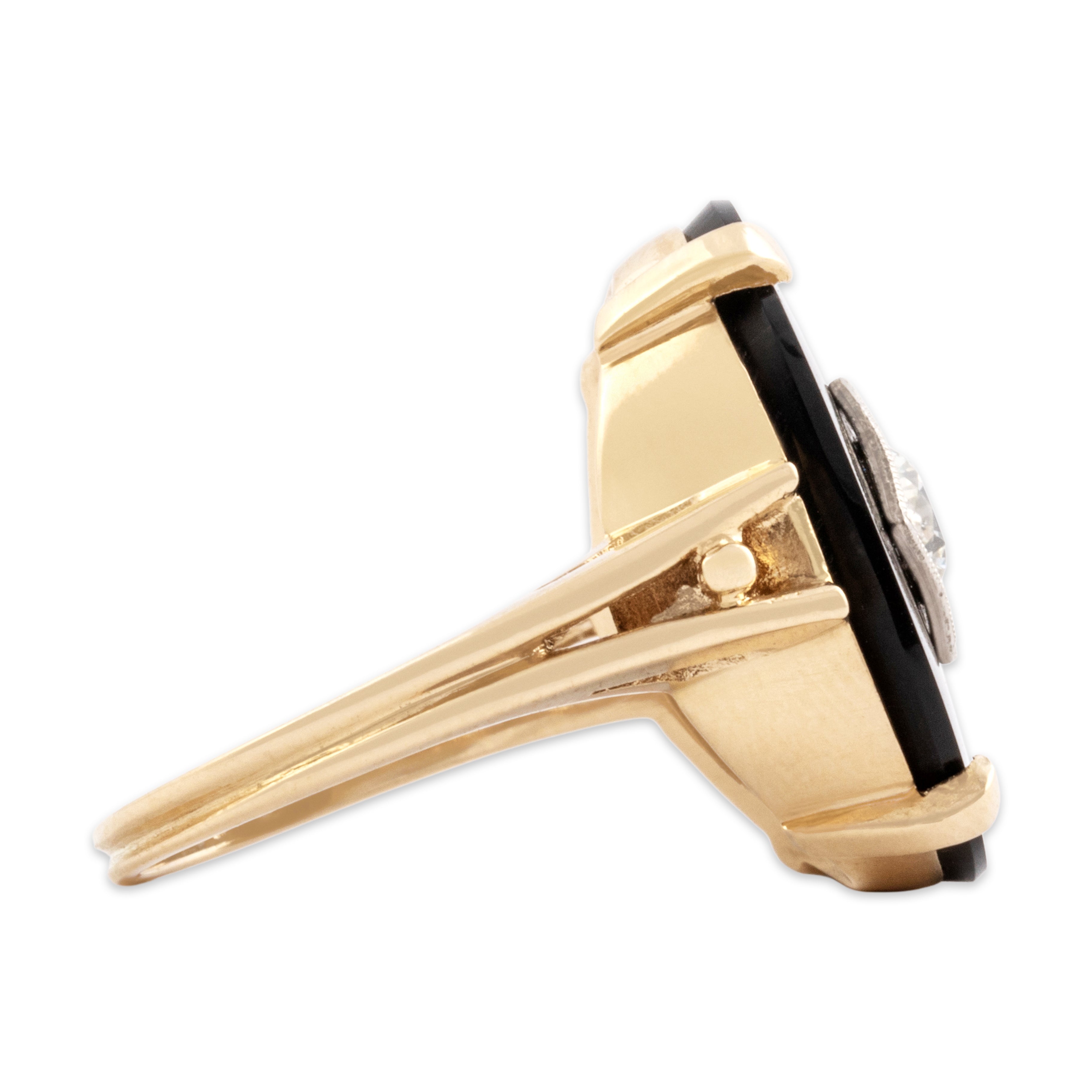 Vintage 14k Yellow Gold 4.8ct Onyx Old European Cut Diamond Striking Accented Oval Ring - Side view