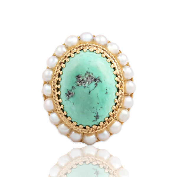 Vintage 14k Yellow Gold 7.66ct Turquoise Pearl Naturalistic Cocktail Ring 6.50