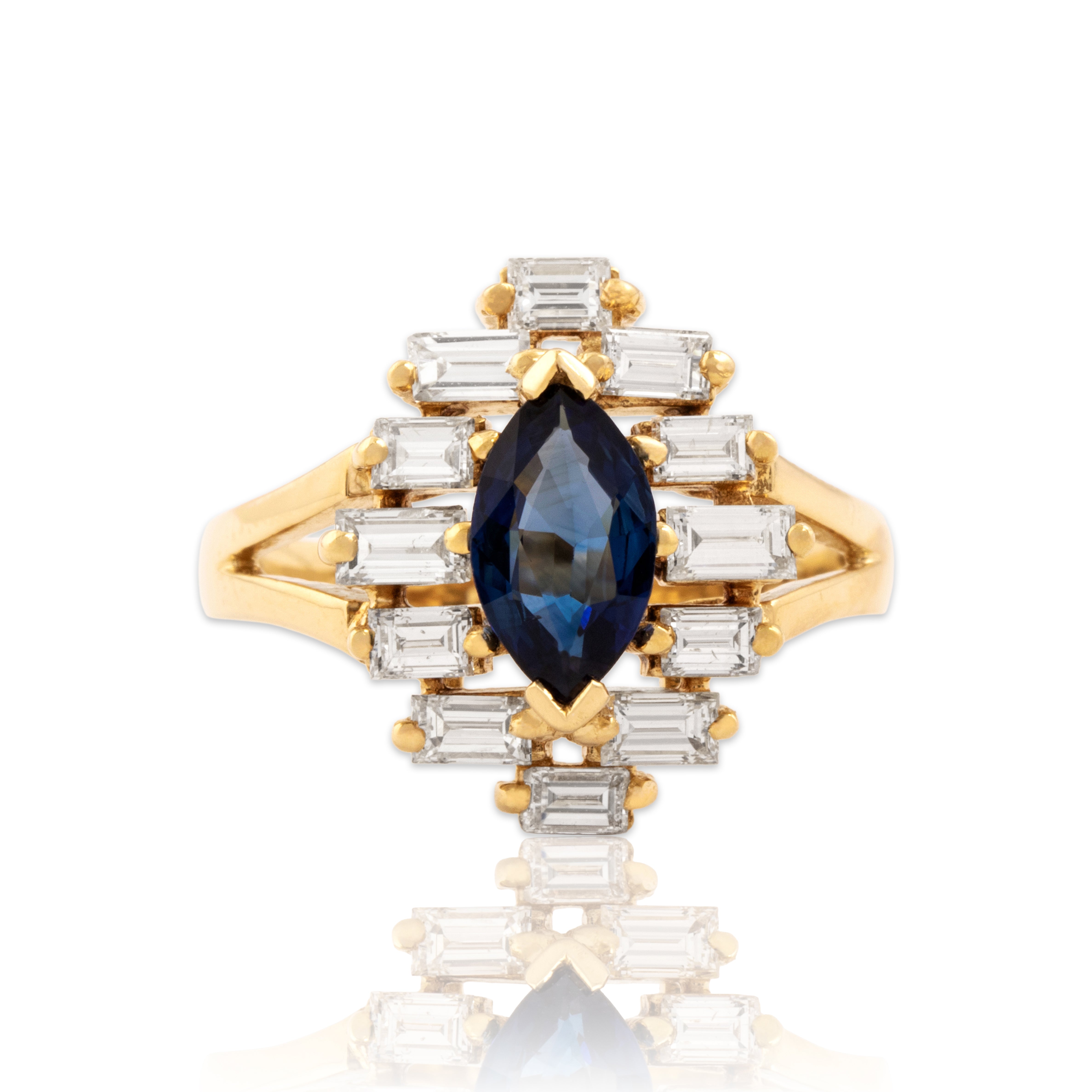 Vintage 18k Yellow Gold 1.01cttw Diamond .84ct Blue Sapphire Step Halo Ring 6.50