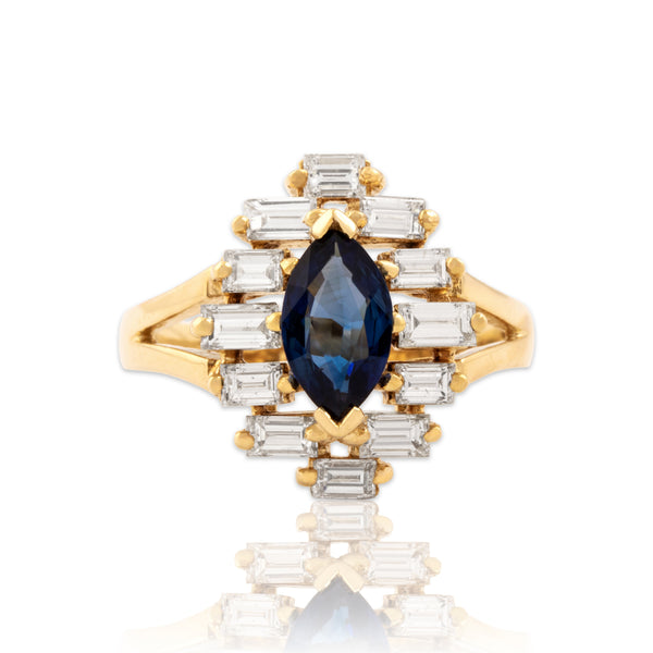 Vintage 18k Yellow Gold 1.01cttw Diamond .84ct Blue Sapphire Step Halo Ring 6.50