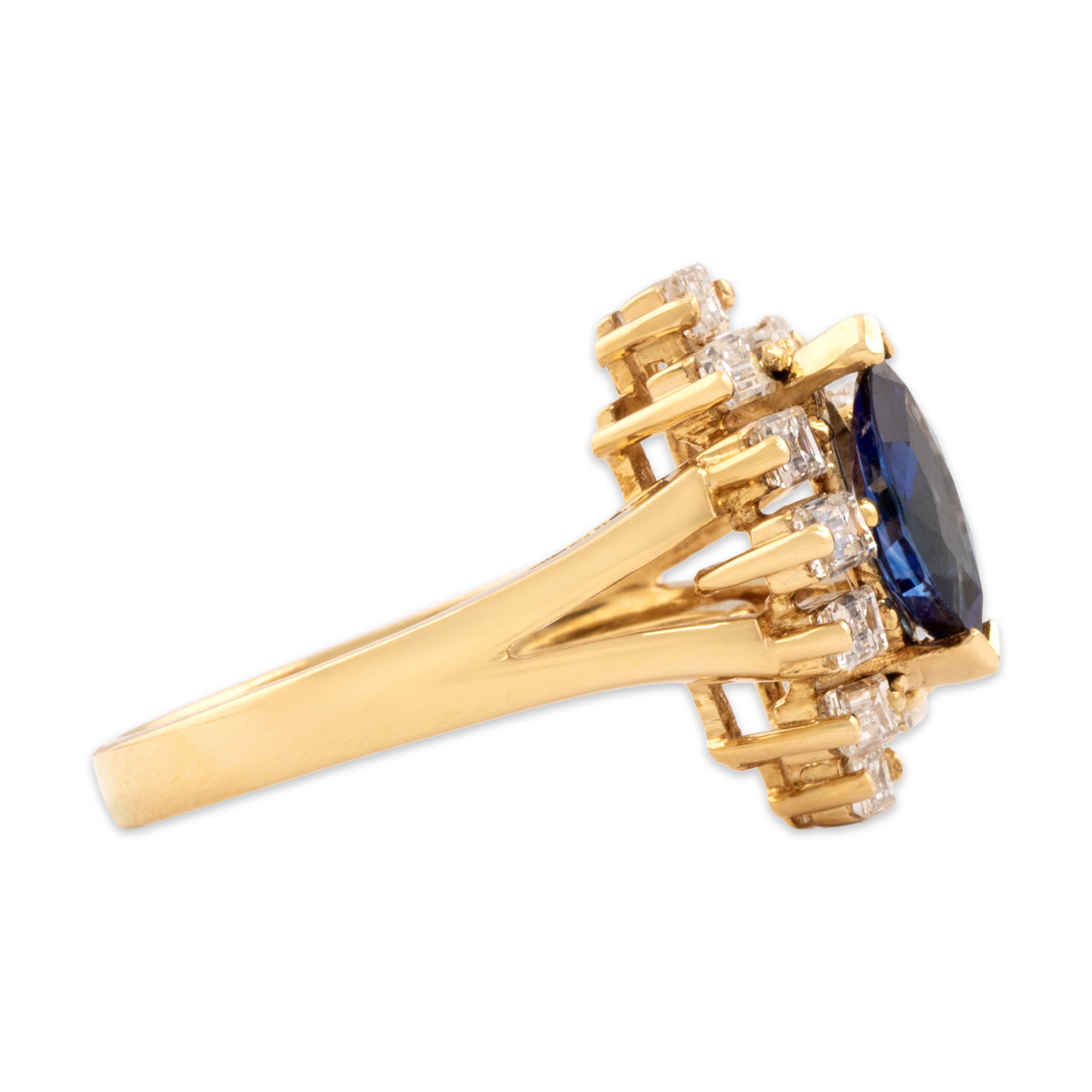 Vintage 18k Yellow Gold 1.01cttw Diamond .84ct Blue Sapphire Dazzling Dimensional Baguette Step Halo Ring - Side view