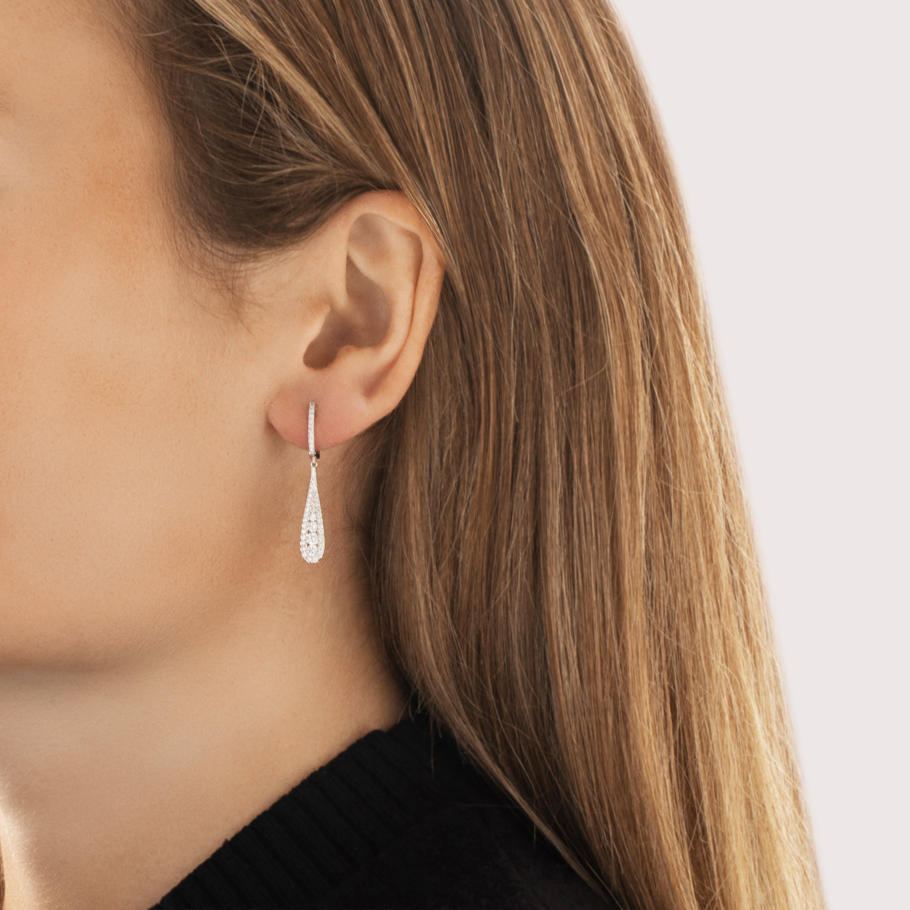 Estate 18k White Gold [Custom Carat] Sparkling Graduated Drop Dangle Earrings - On model view