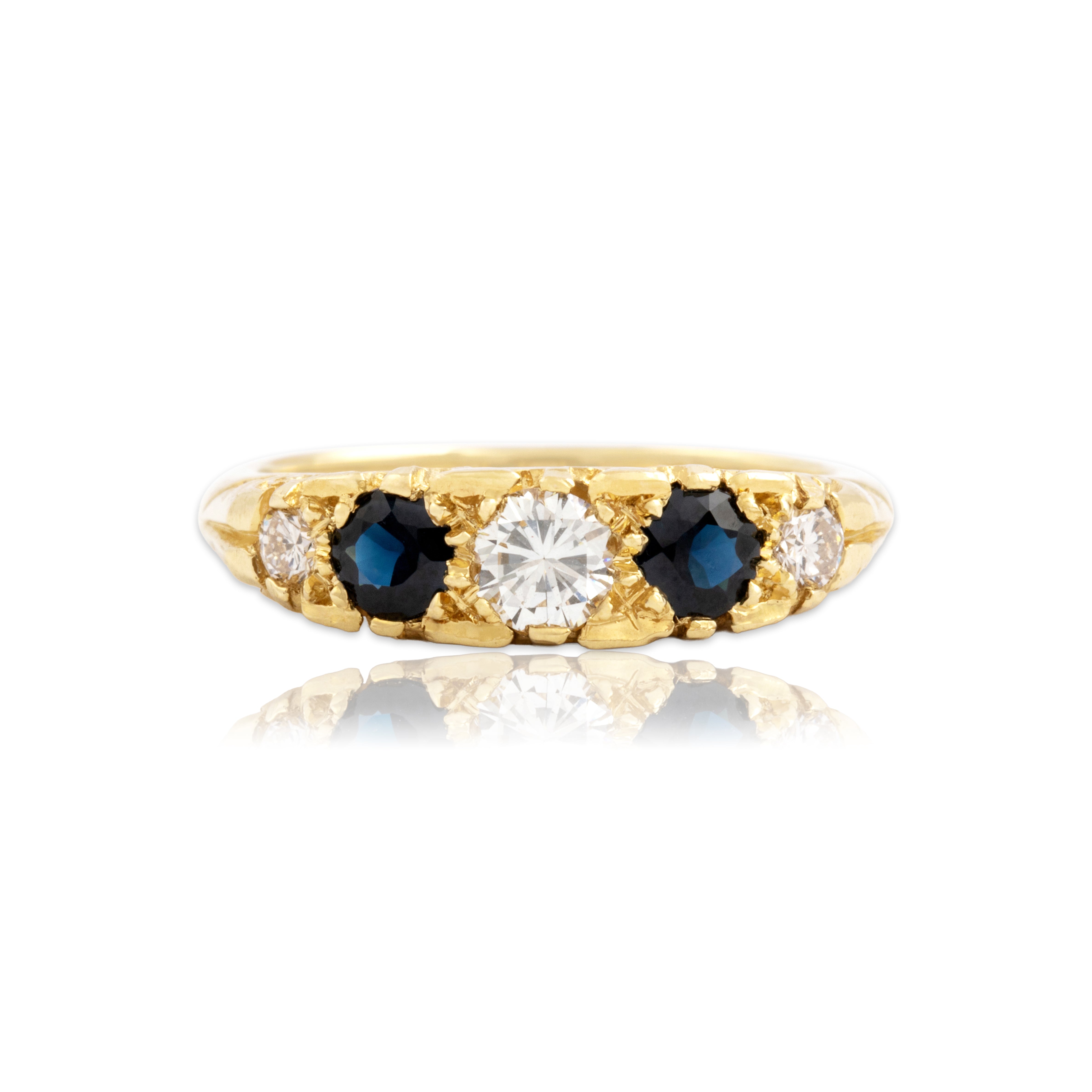 Vintage 18k Yellow Gold Blue Sapphire Diamond Scroll Accent Alternating Band Ring - Close-up view