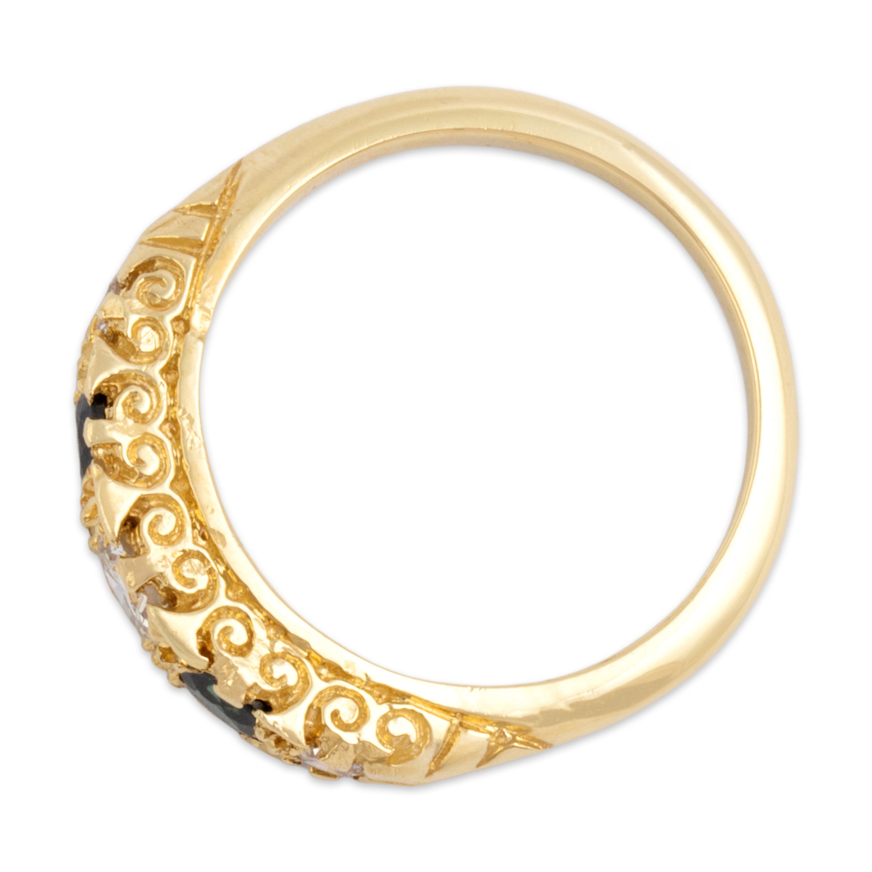 Vintage 18k Yellow Gold Blue Sapphire Diamond Scroll Accent Alternating Band Ring - Overall view